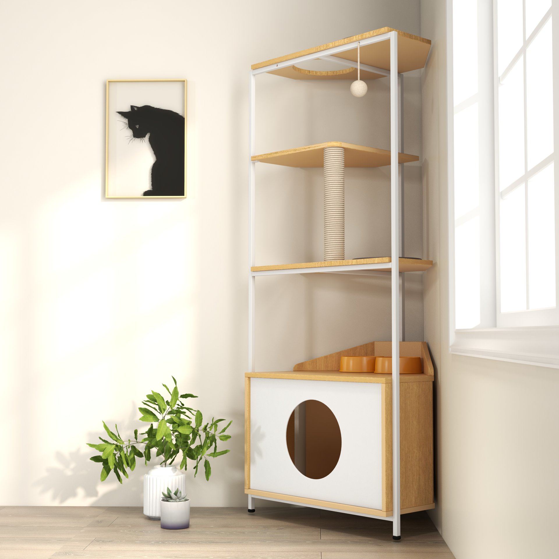 Corner Cat Tower, Cat Tree With Scratching Post, Cat Condo With Feeding Station And Climbing Platforms, Pet Furniture For Indoor Cats - White / Light Oak - Image 13