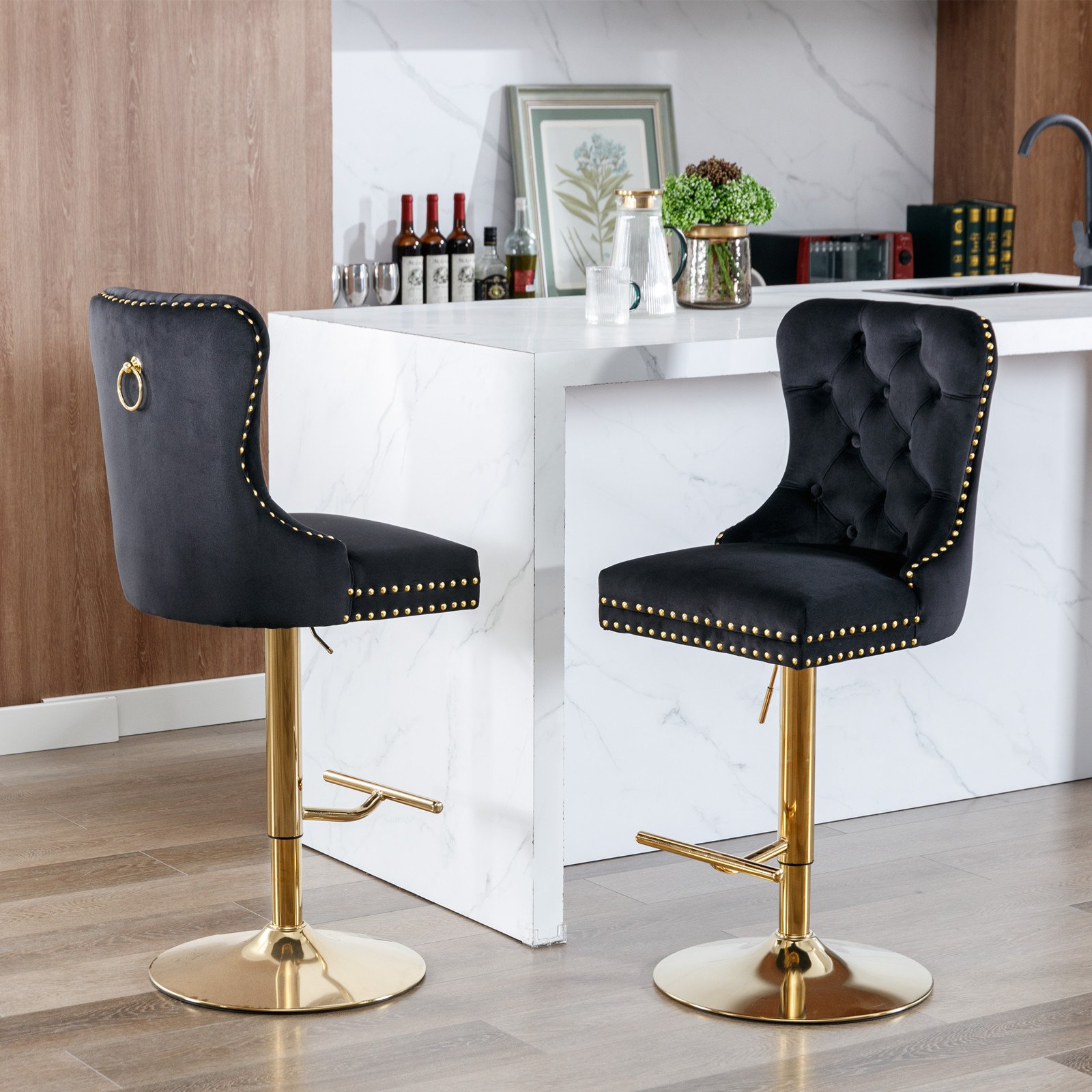 Thick Golden Swivel Velvet Barstools Adjusatble Seat Height From 27-35", Modern Upholstered Bar Stools With Backs Comfortable Tufted For Home Pub And Kitchen Island (Set of 2) - Black - Image 17