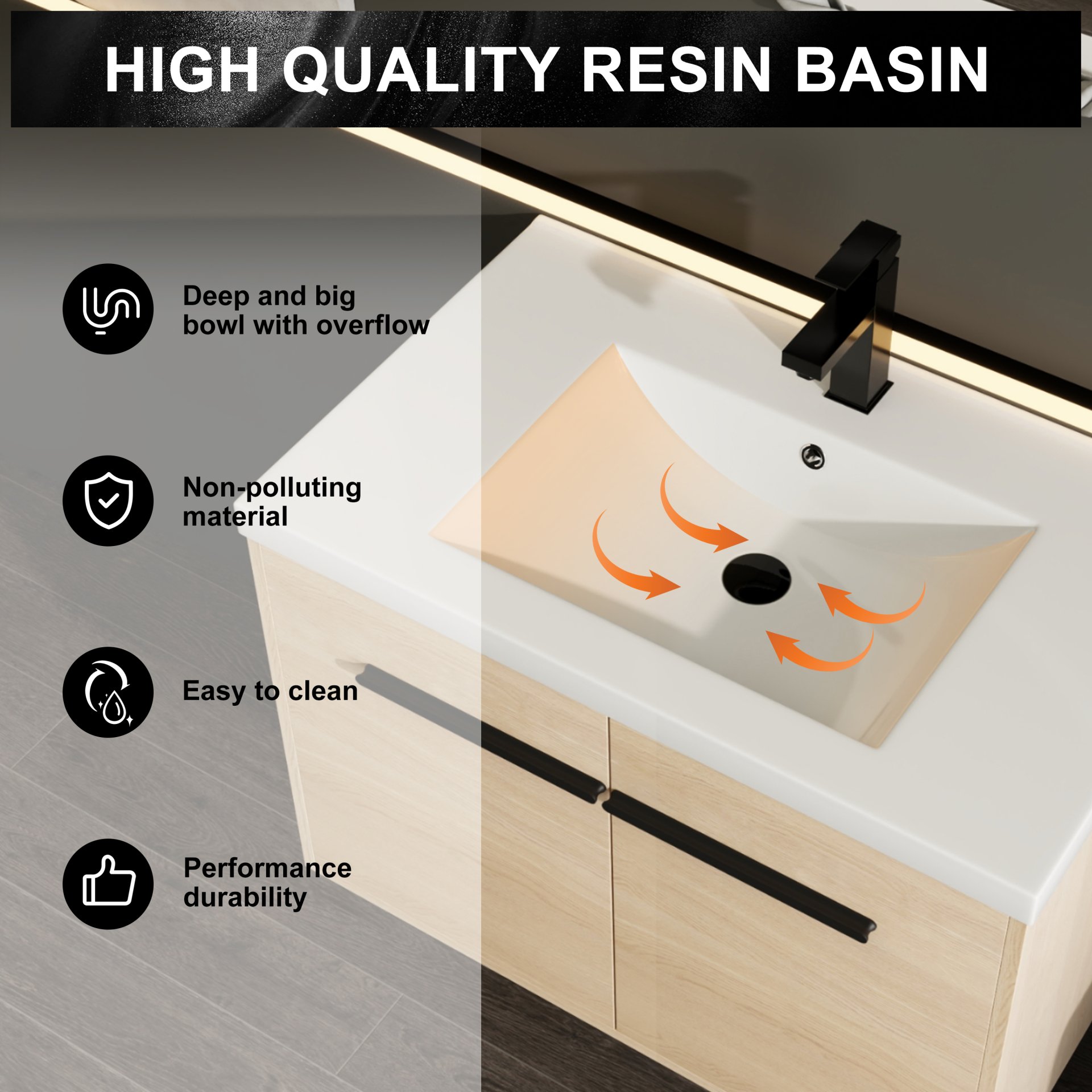 Bathroom Vanity With Resin Countertop Sink, 30" 2 Doors Cabinet Set - Oak - Image 9