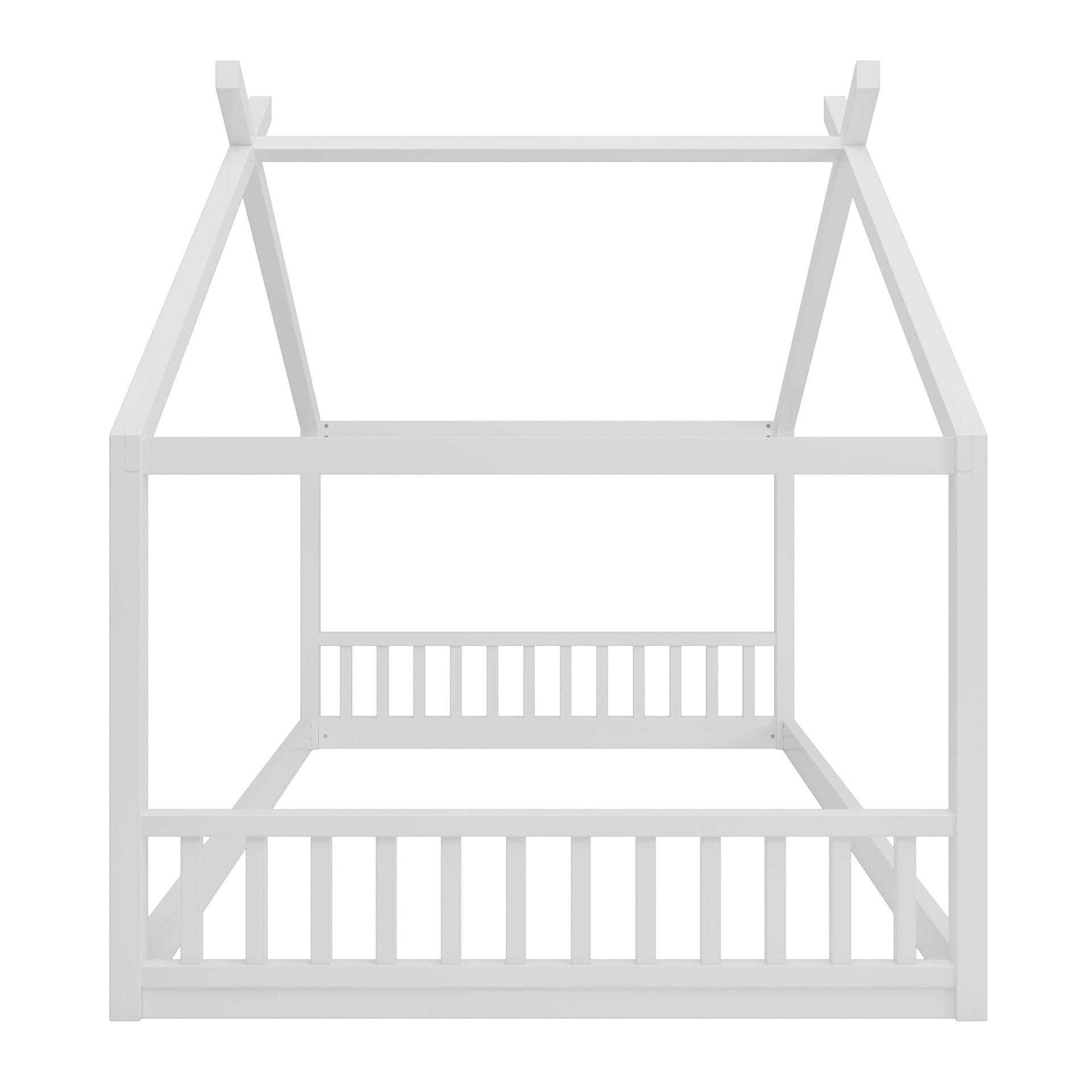 Full Size Montessori Style House Bed For Kids, Floor Bed Frame With Headboard And Footboard, Fence Bed For Girls, Boys, Slat Not Included - White - Image 6