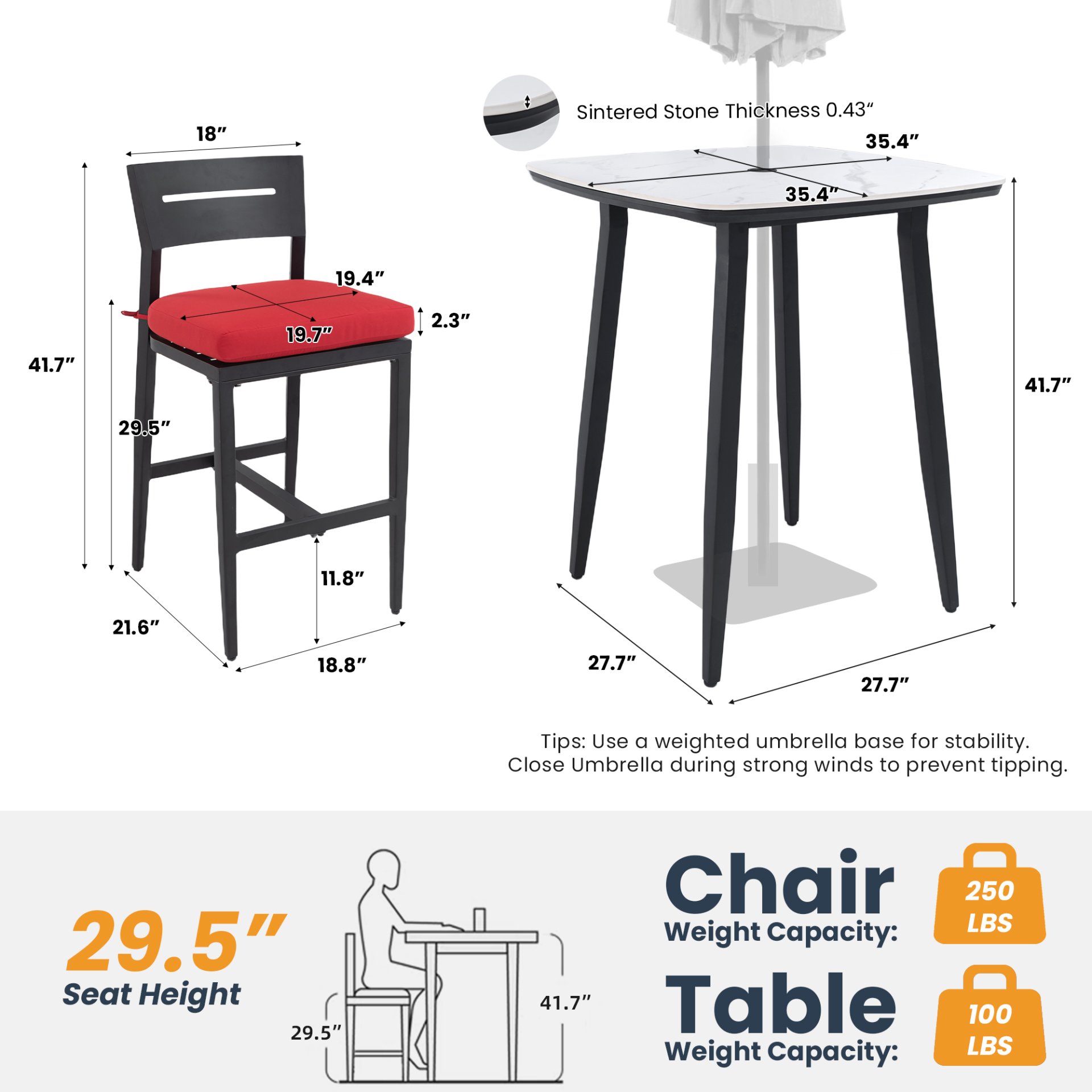 5 Pieces Outdoor Patio Bar Set, Rounded Square Table & 4 Bar Stools - Ember Black Frame / Greek White Marble-Inspired Sintered Stone - Image 3