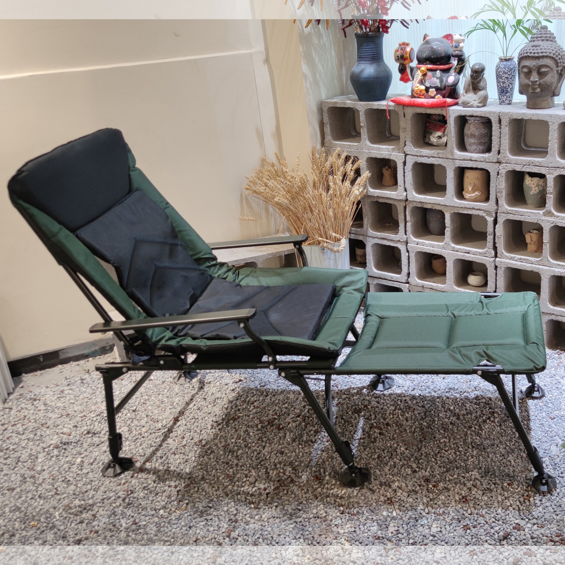 Camping Lounge Chair With Detachable Footrest, Portable Folding Reclining Camping Chair With Adjustable Backrest For Indoor And Outdoor Camping Beach Hiking Fishing - Green / Black - Image 6