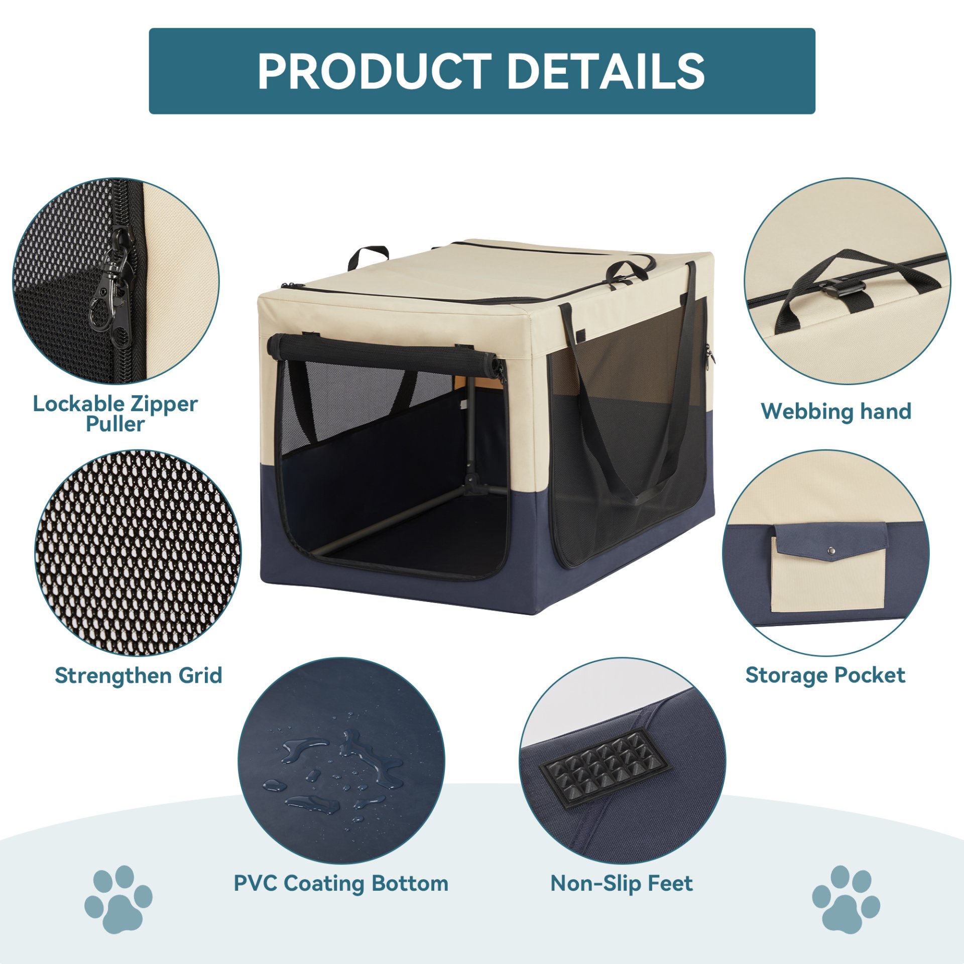 Dog Crates For Dogs, Adjustable Cover By Spiral Iron Pipe, Strengthen Sewing Dog Travel Crate, 3 Door Design - White / Blue - Image 4