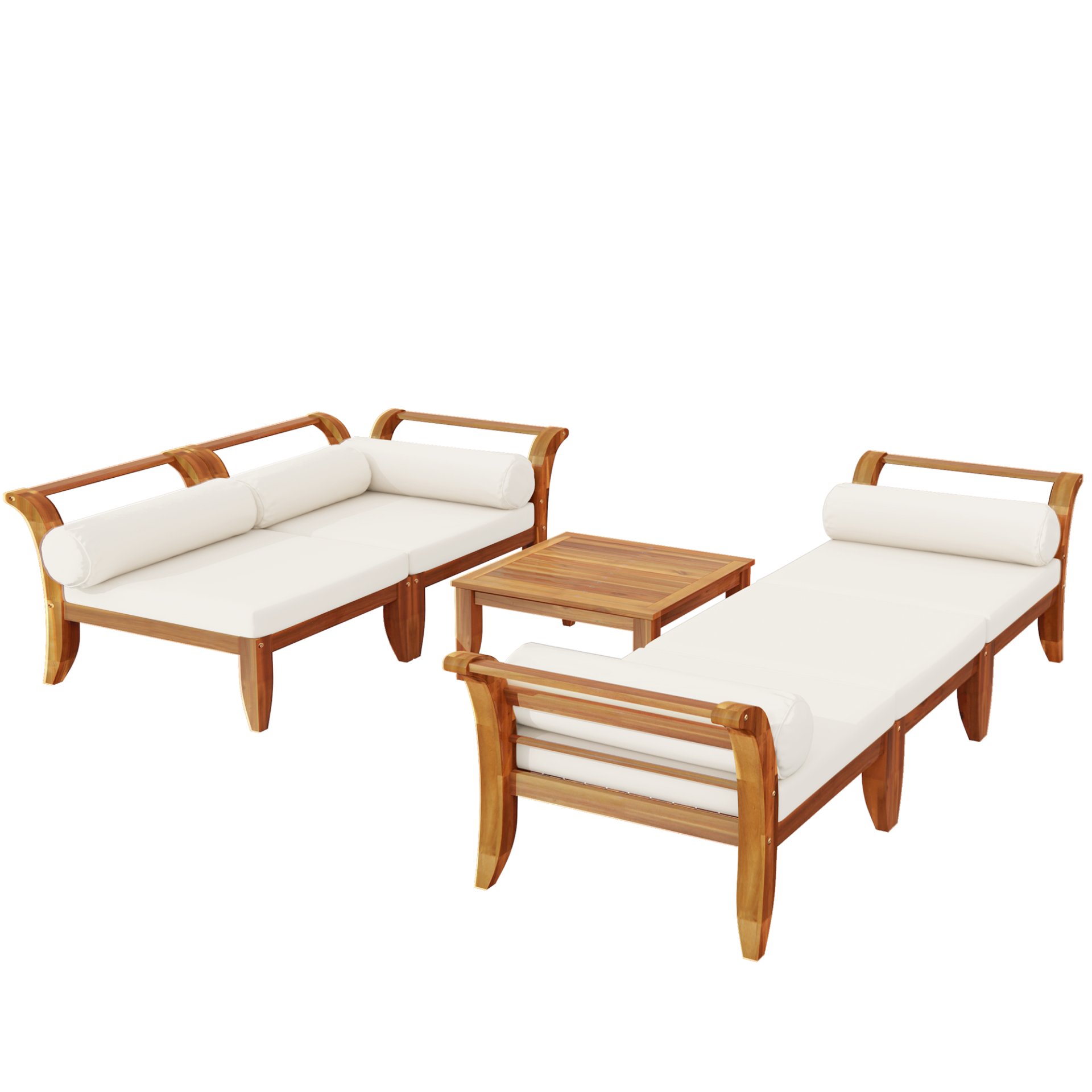 6 Piece Patio Sofa Set, Acacia Wood Outdoor Modular Sectional Garden Furniture Set L Shaped Conversation Set, Convertible Daybed With Tea Table, Ottoman, 5 Cushions And Pillows - Teak / Beige - Image 12
