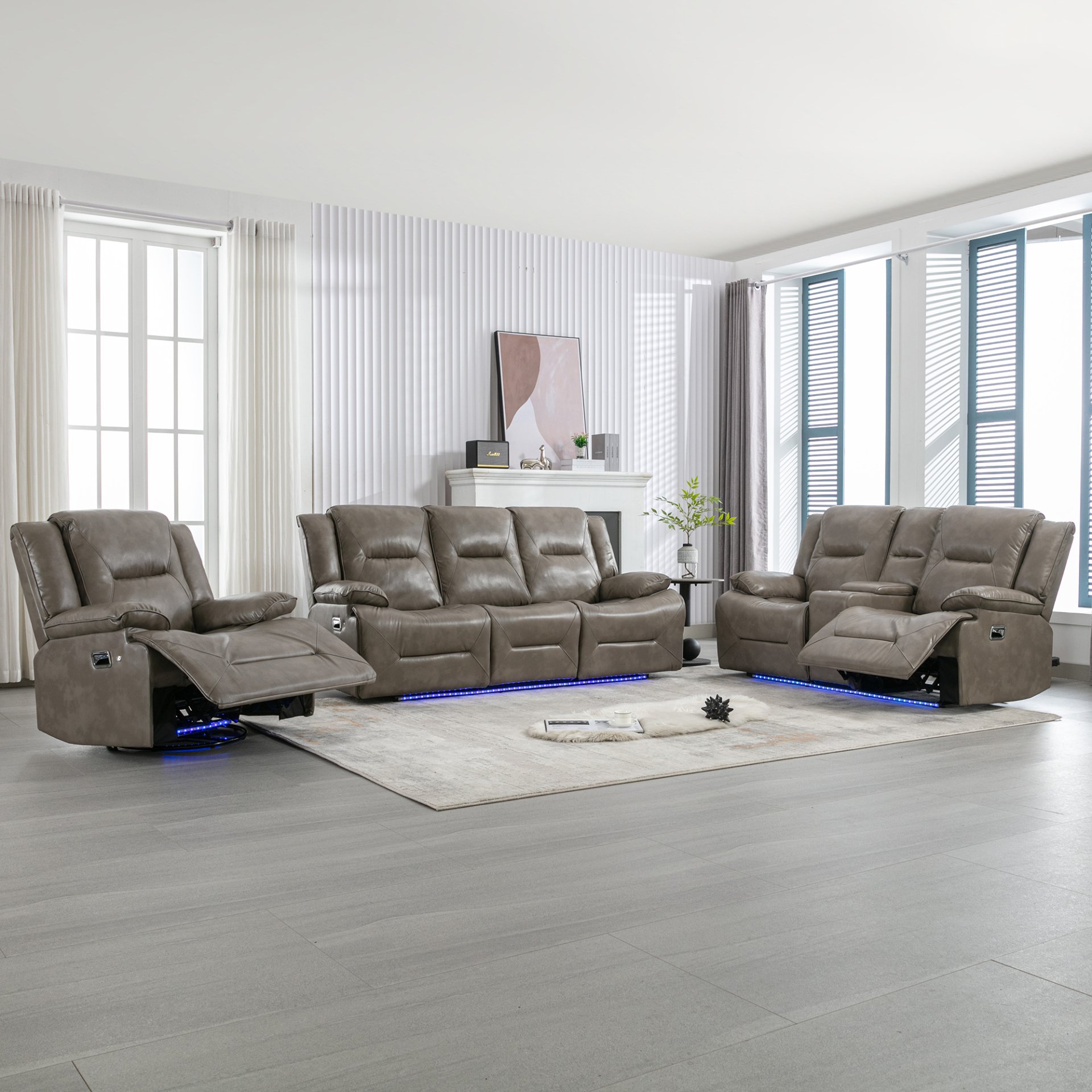 Home Theater Recliner Set Manual Recliner Chair With A Led Light Strip Two Built-In Cup Holders For Living Room - Gray - Image 12