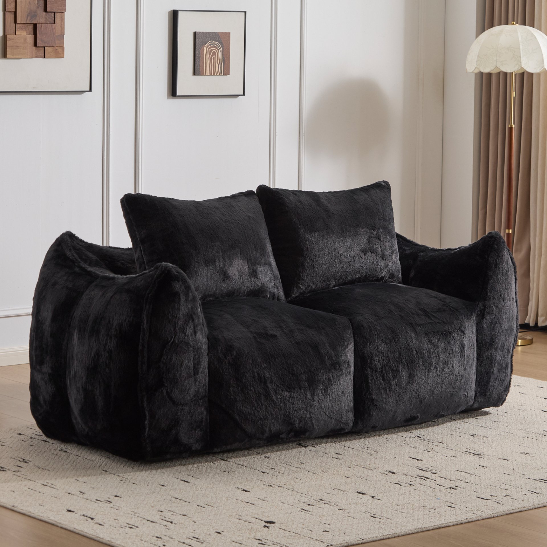 Giant Bean Bag Couch, Ultra Soft Fluffy Loveseat For Living Room Reading Chair With Pillows - Black - Image 2