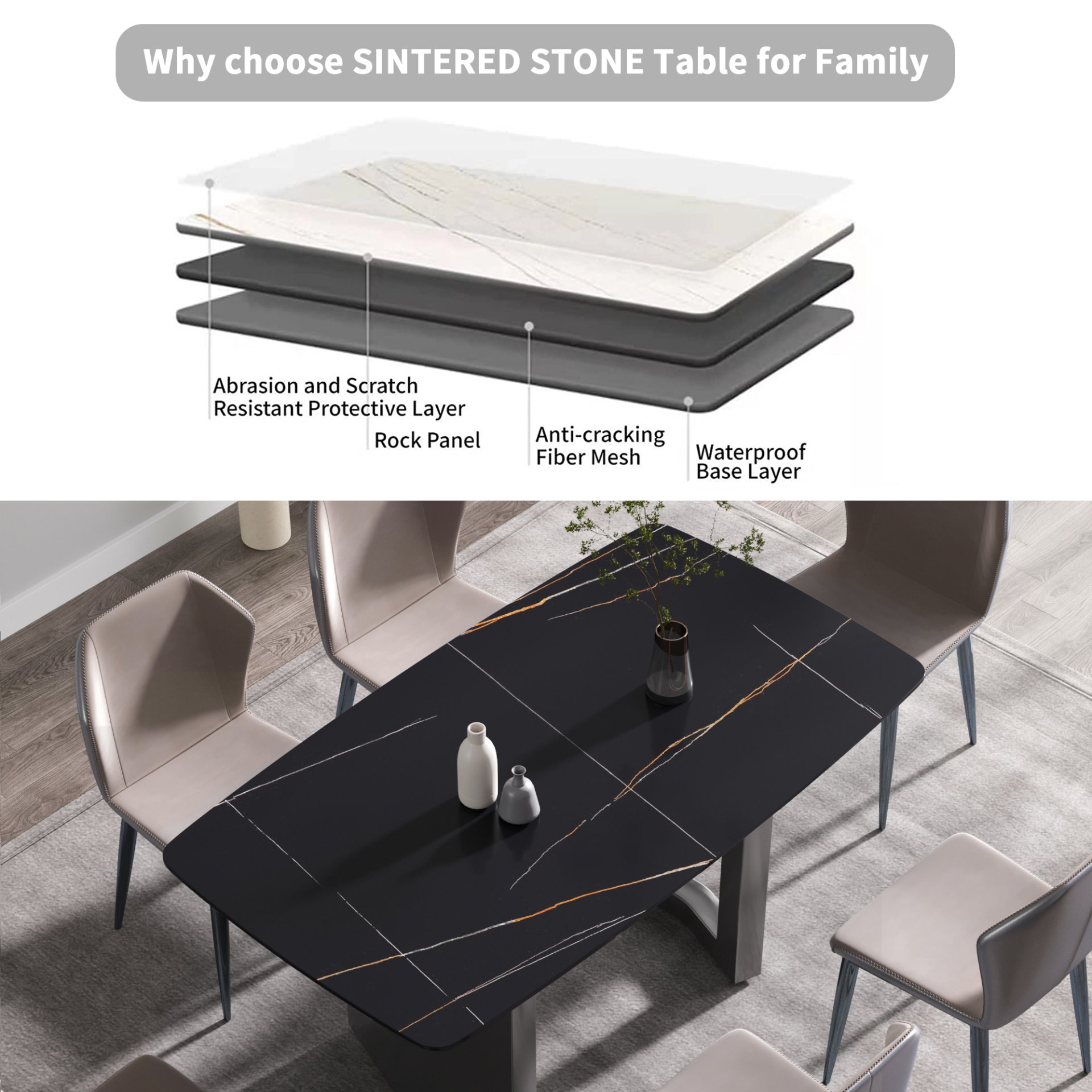 63" Modern Artificial Stone Black Curved Black Metal Leg Dining Table, 6 People - Black - Image 11