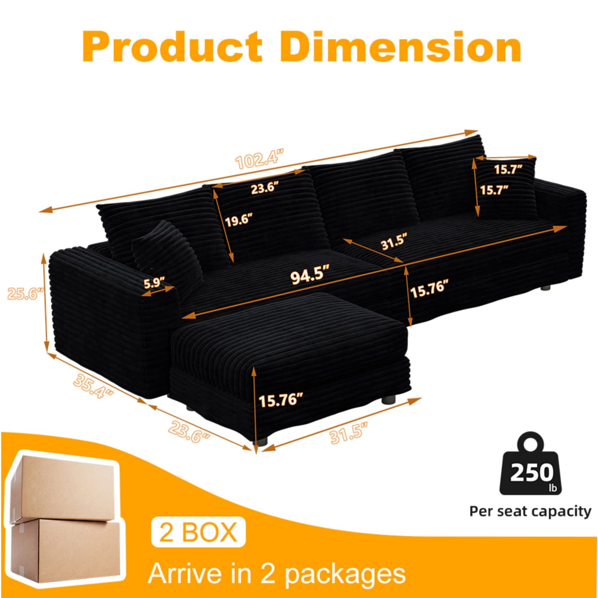 4 Seat Sofa, Deep Seat Couches With Soft Pillows And Movable Ottoman, Convertible Sofa Lounge Chair, For Living Room - Black - Image 3