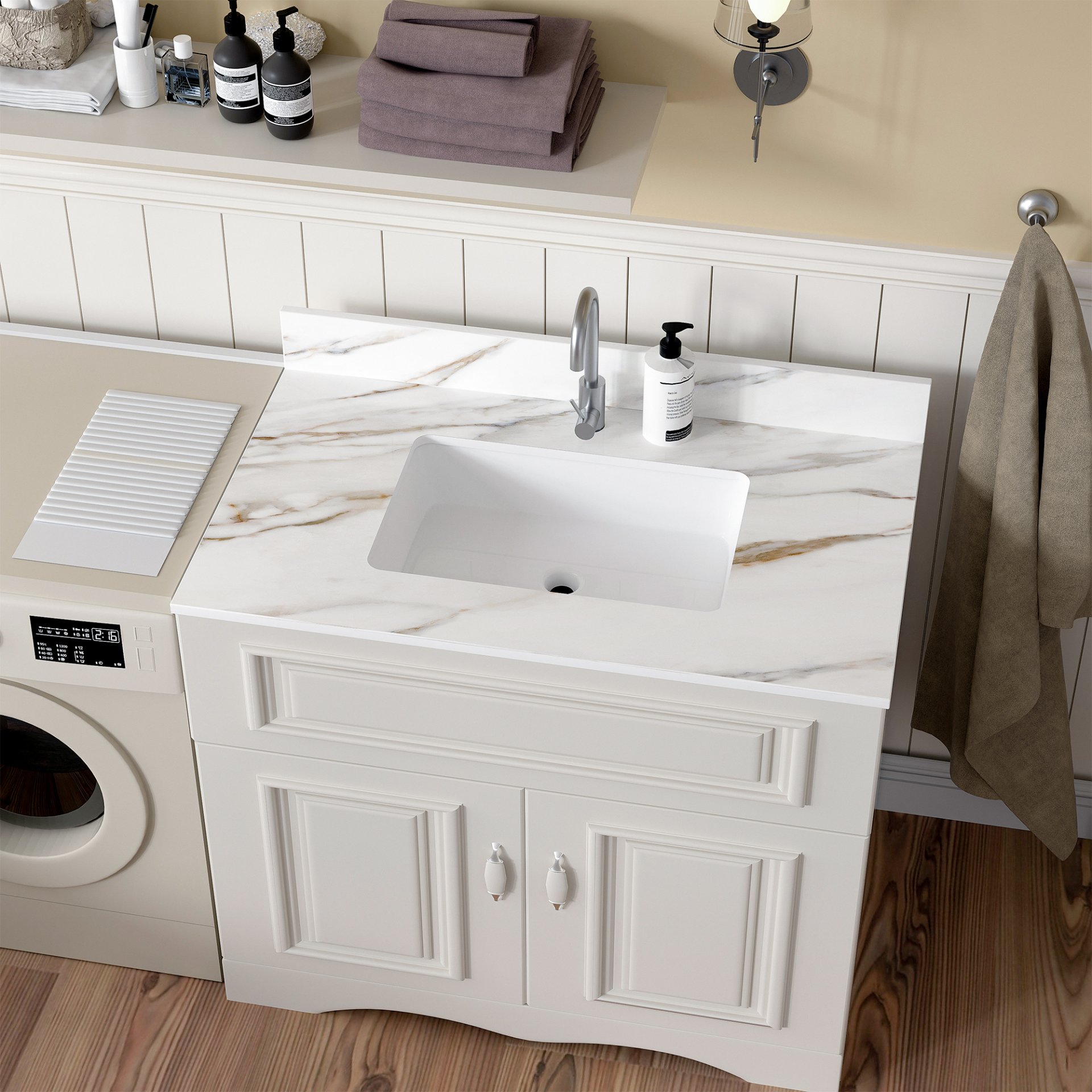 Elegant Vanity Top With Undermount Sink And Backsplash - White Carrara Marble - Image 9