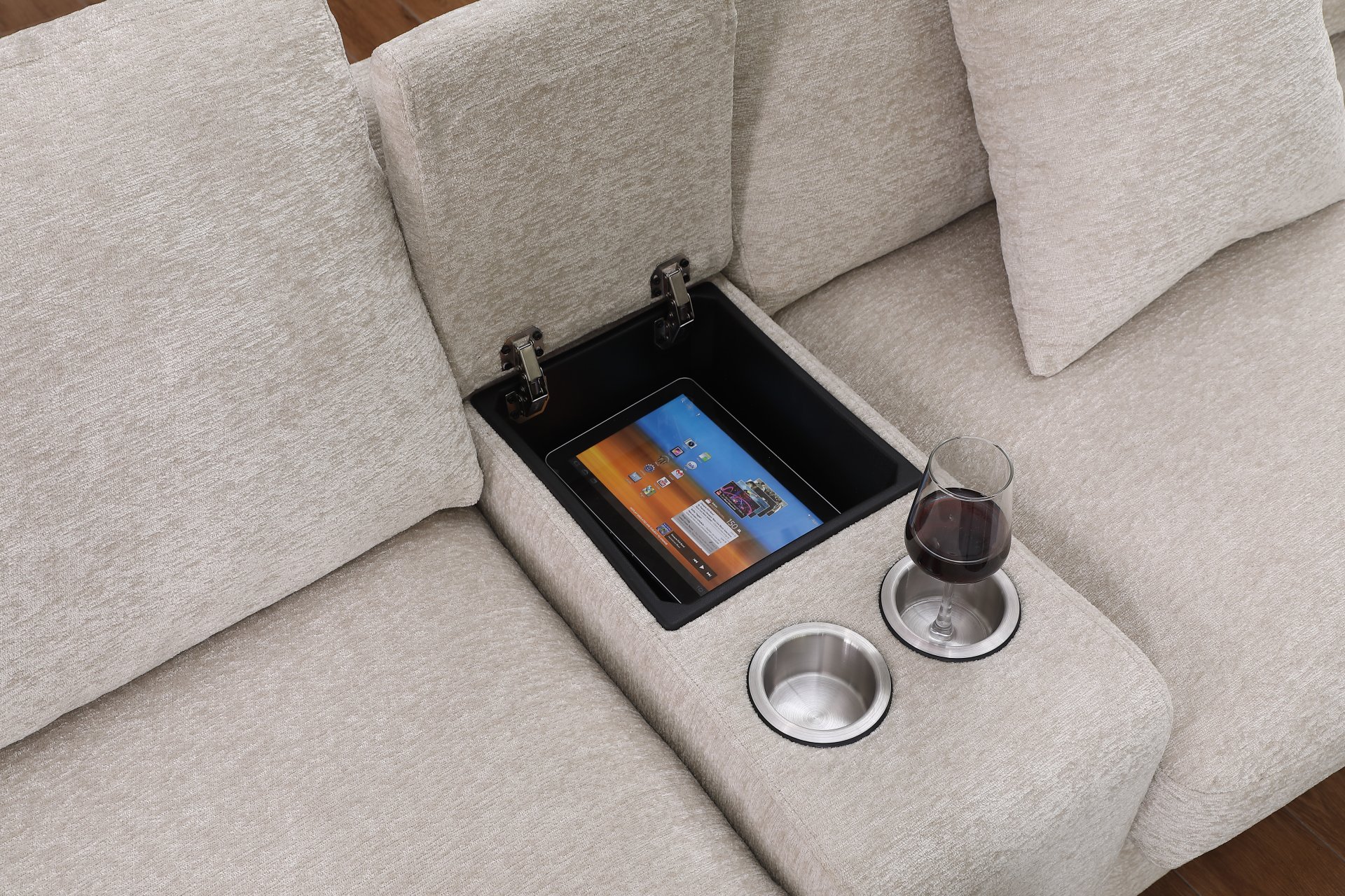 Celine - Chenille Fabric Corner Sectional Sofa With Right Facing Chaise, Cupholders, And Charging Ports - Beige - Image 11