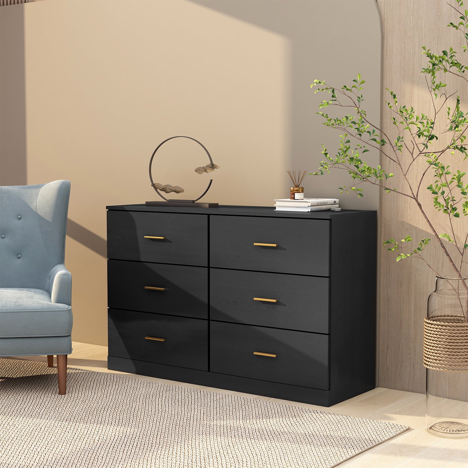 Modern 6 Drawer Dresser For Bedroom, Ample Storage Wide Chest Of Drawers, Sturdy & Safe - Black - Image 4