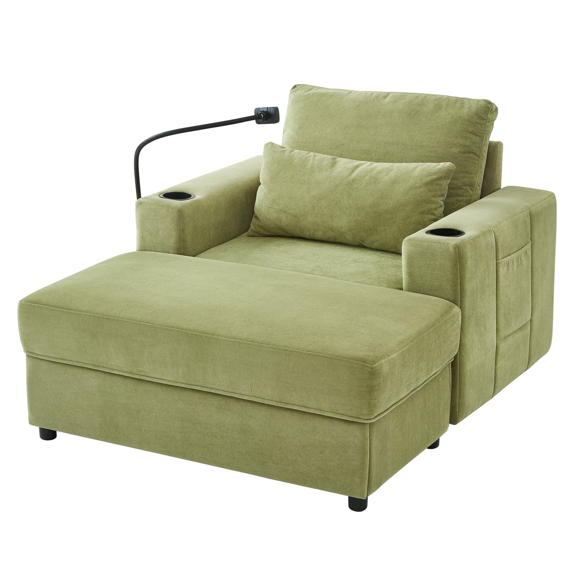 Modern Style Armchair Chaise Lounge Sofa Couch With Movable Storage Ottoman, USB Ports, Cup Holders, Phone Holder, Side Pockets - Green - Image 17