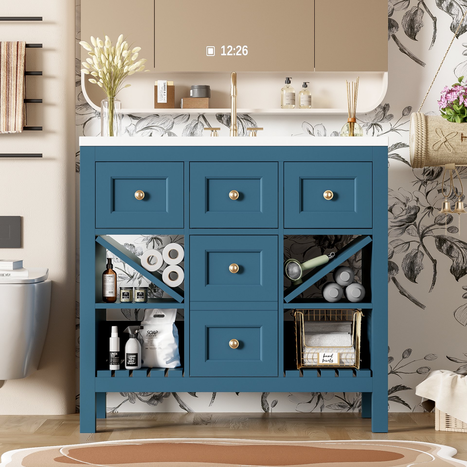 Bathroom Vanity With Resin Sink Combo, Frame Bathroom Storage Cabinet, Freestanding Vanity Set, 5 Drawers & Soft Closing Doors - Blue - Image 4