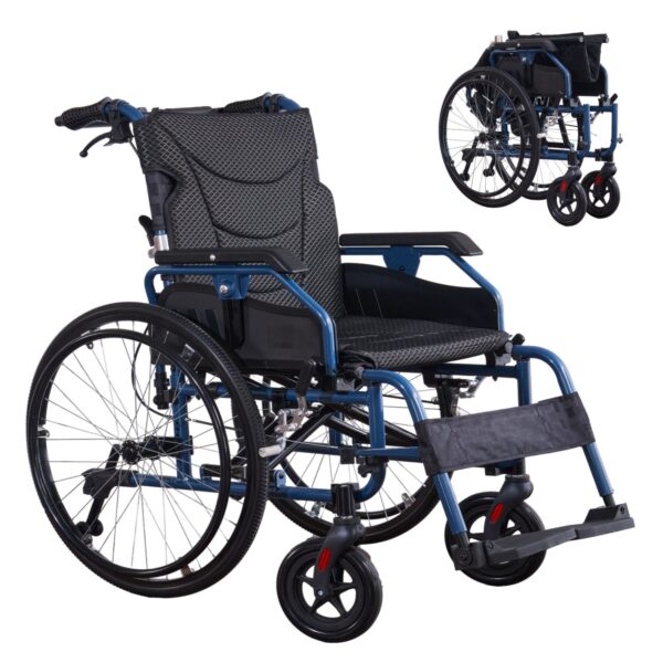 Premium Foldable Transport Wheelchair Frame Double Brakes Adjustable Armrests & Seat Belt Breathable Cushion Anti Backflip 300Lbs Capacity - Black / Blue
