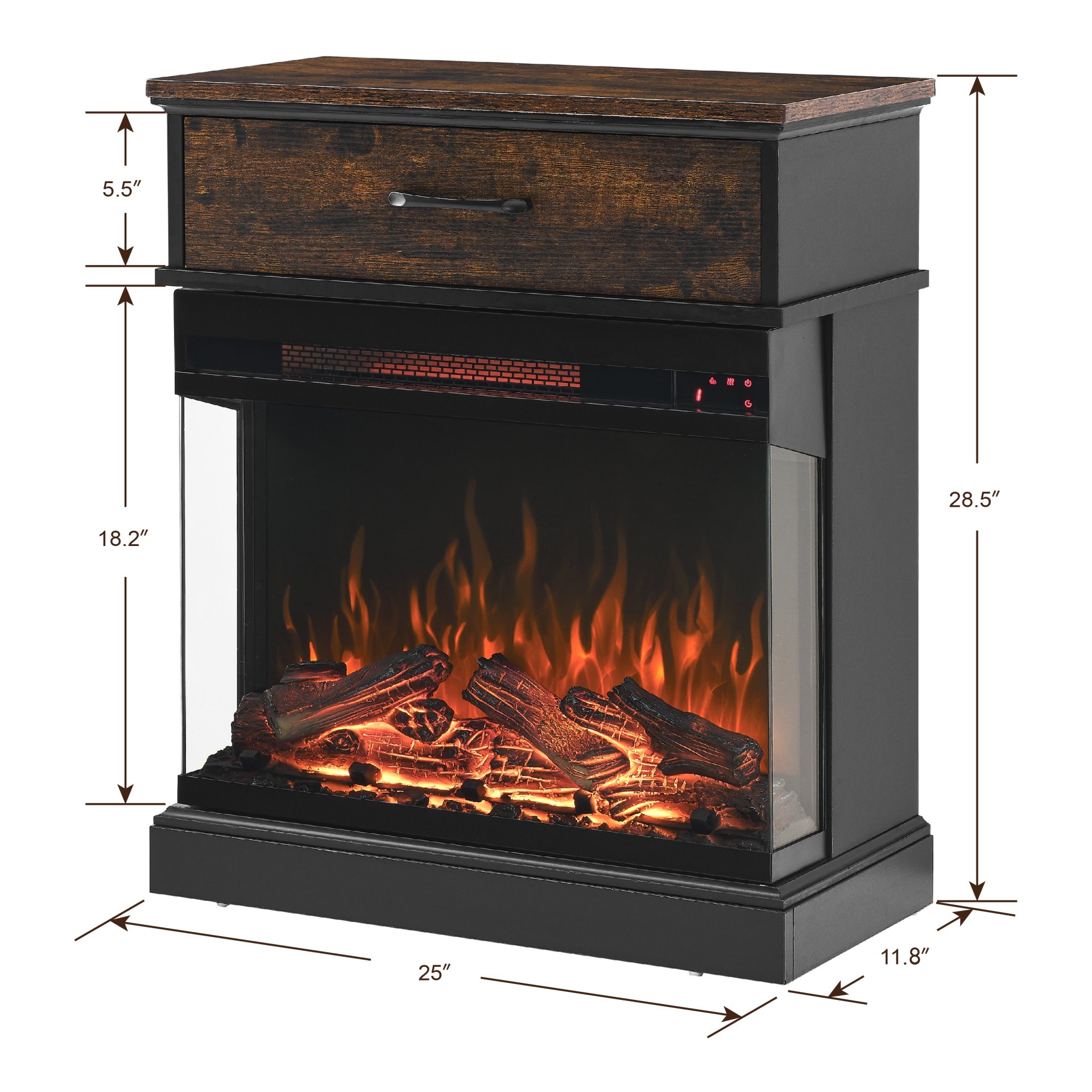 25" Stand Side Table With 3-Sided Glass Electric Fireplace - Antique Black - Image 3