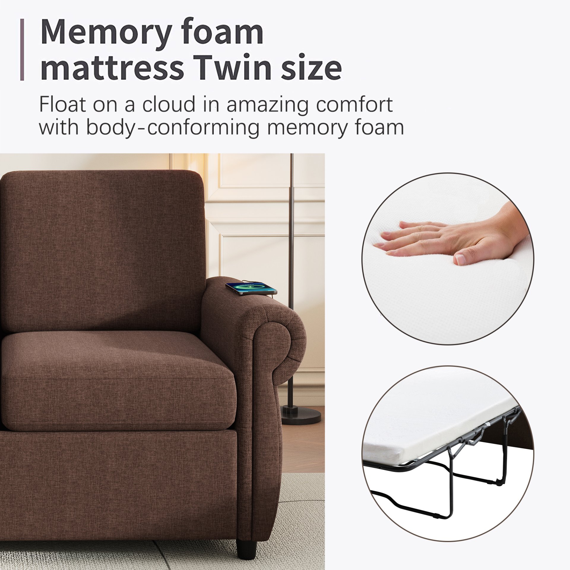 Pull Out Sofa Bed Loveseat Sleeper With Twin Size Memory Mattress With Two USB Ports For Living Room Spaces - Brown - Image 7