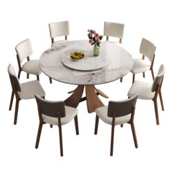 Dining Table Set, Round Turntable, Seats 6 - 8 Top With Textures - White