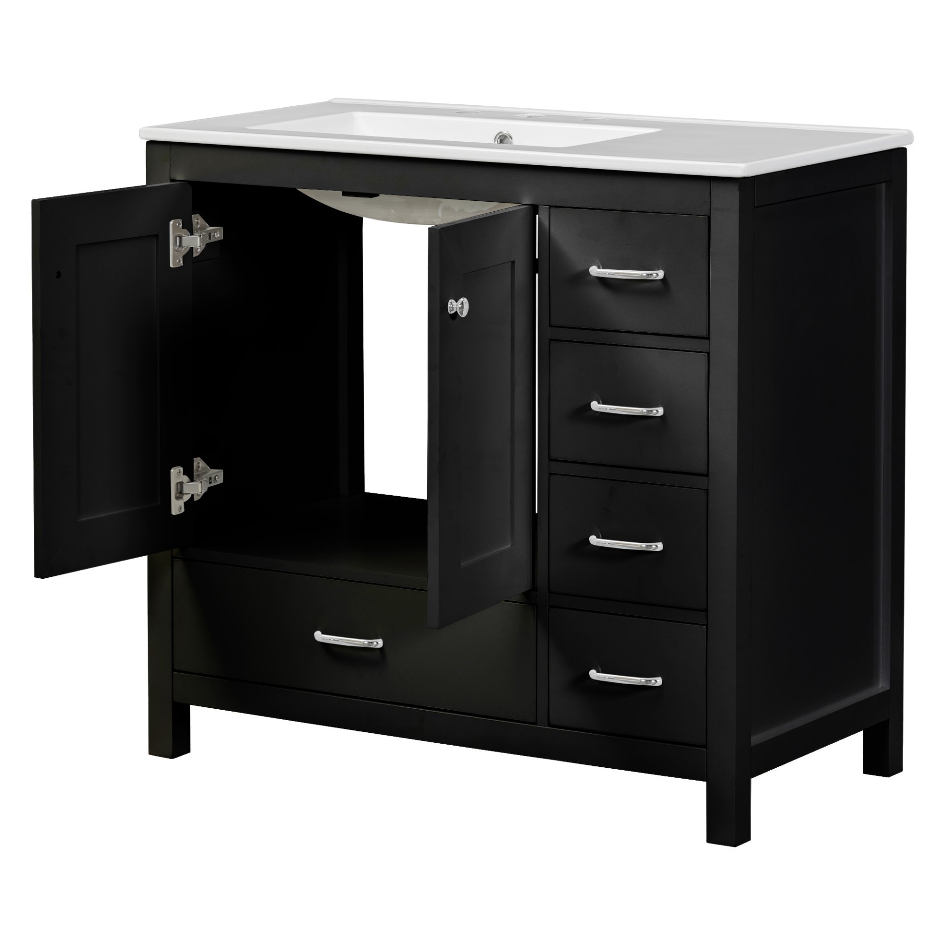 Bathroom Vanity With Ceramic Sink Combo, Abundant Storage Cabinet 2 Soft Close Doors And 5 Drawers - Black - Image 14