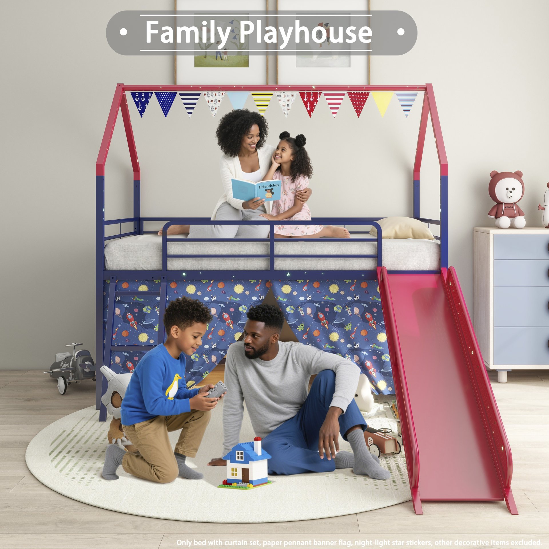 Jack - House Twin Loft Bed With Slide And Curtain Set, Superhero - Blue / Red - Image 11