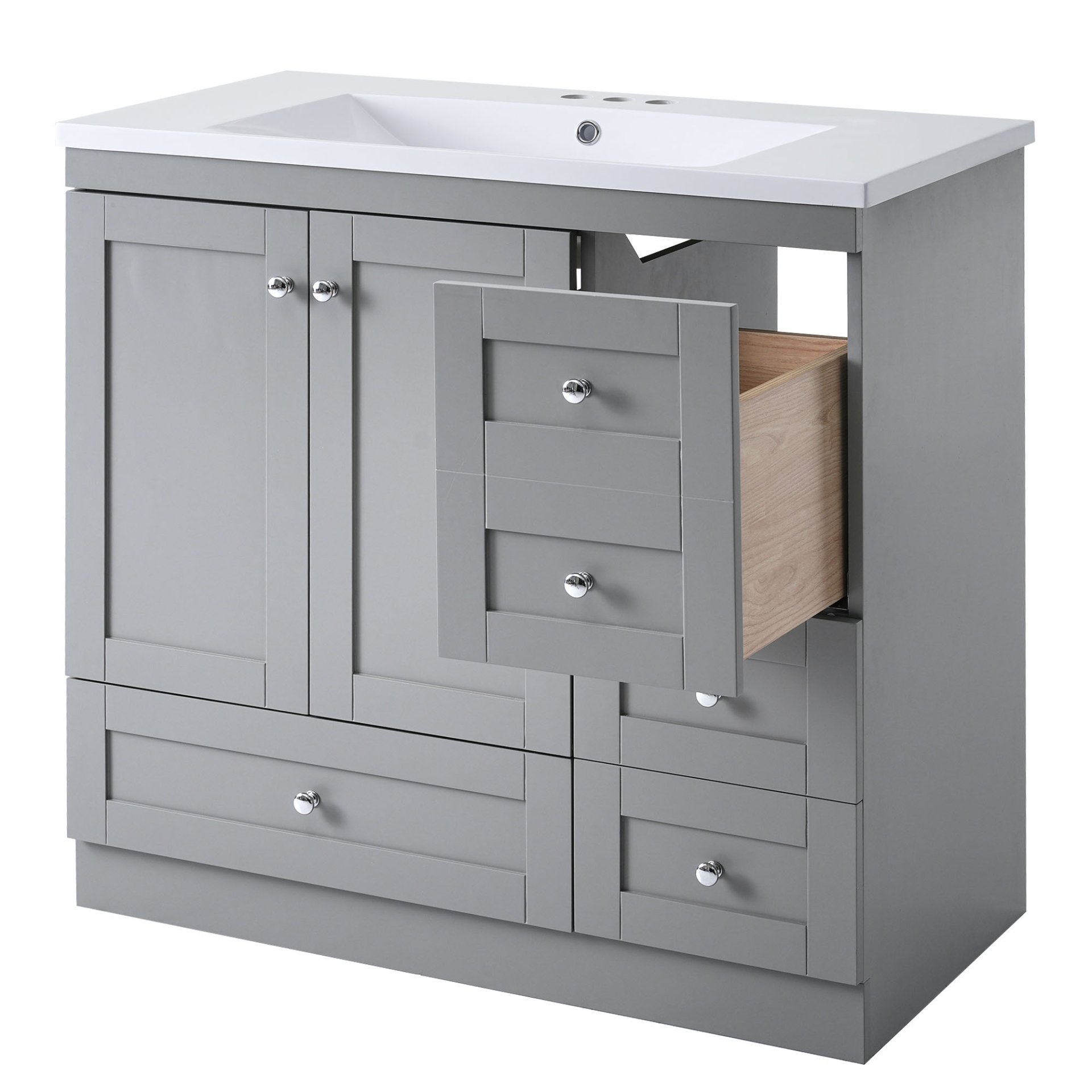Shaker Style Free Standing Bathroom Vanity Cabinet With Sink, 4 Soft Close Drawers And 2 Soft Close Doors - Gray - Image 13