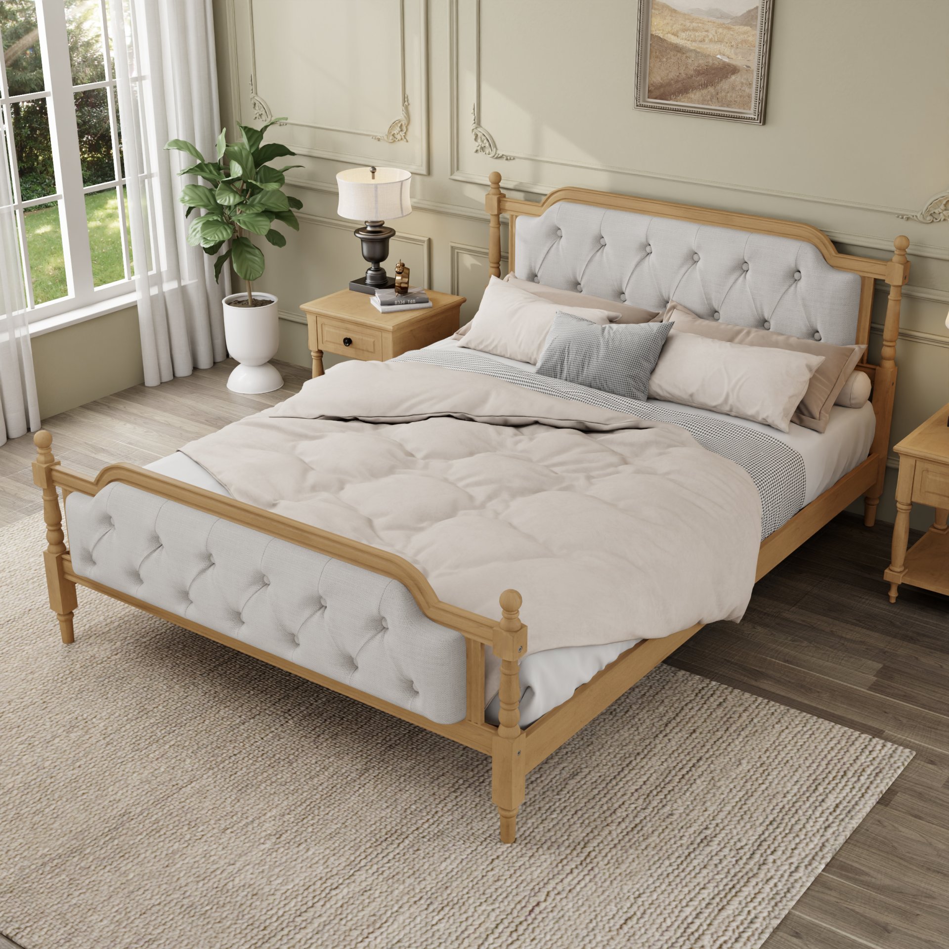King Size Traditional Style Solid Bed Frame With Upholstered Tufted Headboard, No Box Spring Needed - Walnut - Image 2