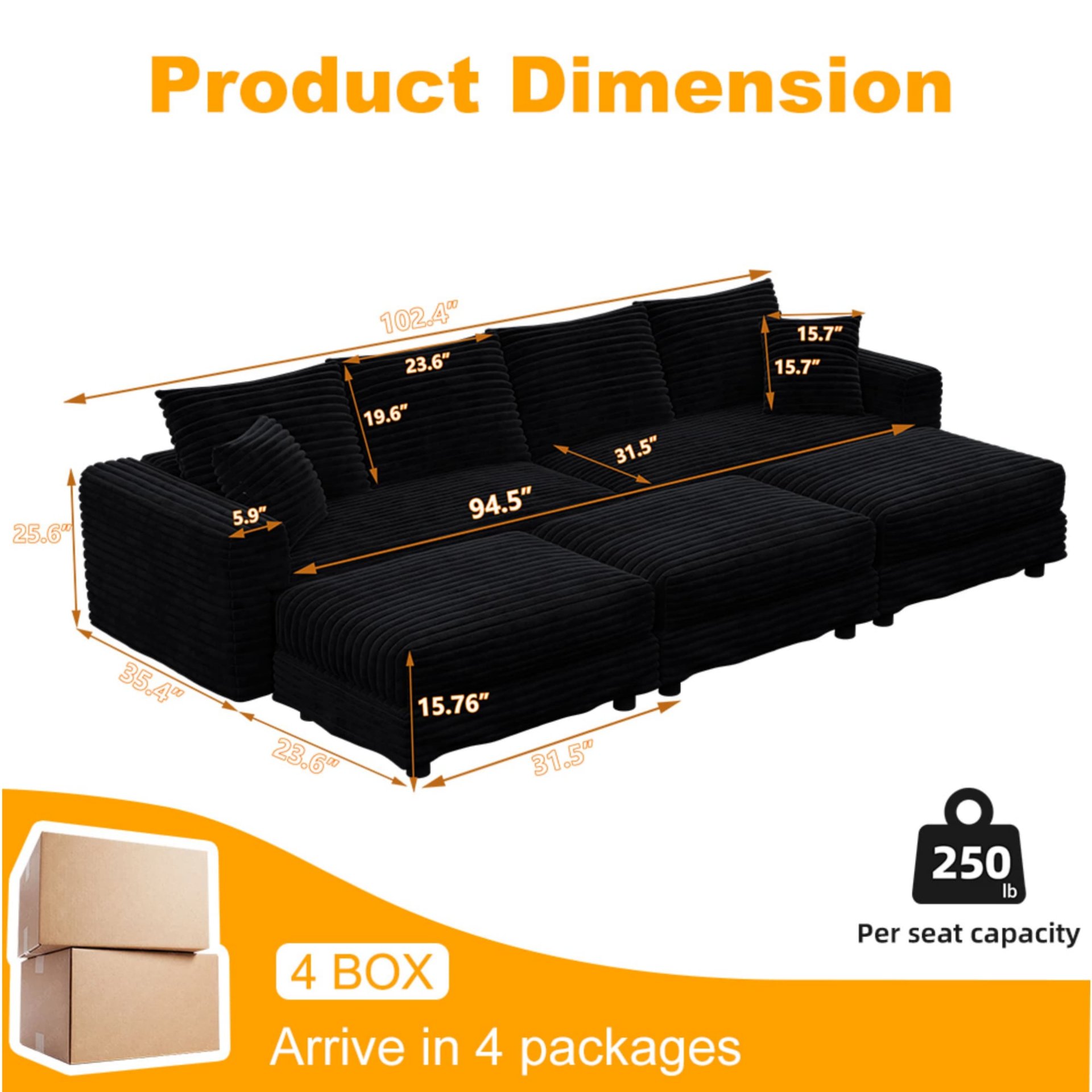 4 Seat Sofa, Deep Seat Couches With Soft Pillows And 3 Ottomans, Convertible Sofa Lounge Chair, For Living Room - Black - Image 10