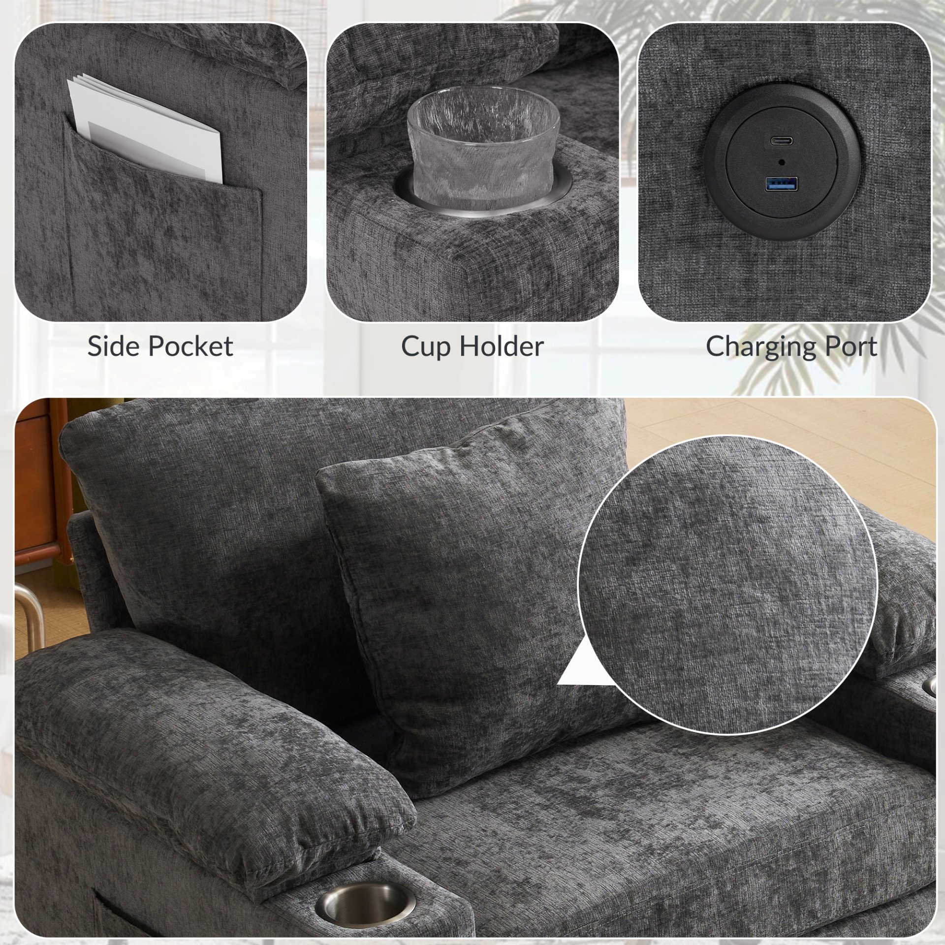 Modern Oversized Chair With Ottoman, Chenille Fabric Sofa Bed, Accent Chair Comfy Sofa With Cupholders And USB Charging Ports Chair For Living Room - Dark Gray - Image 8