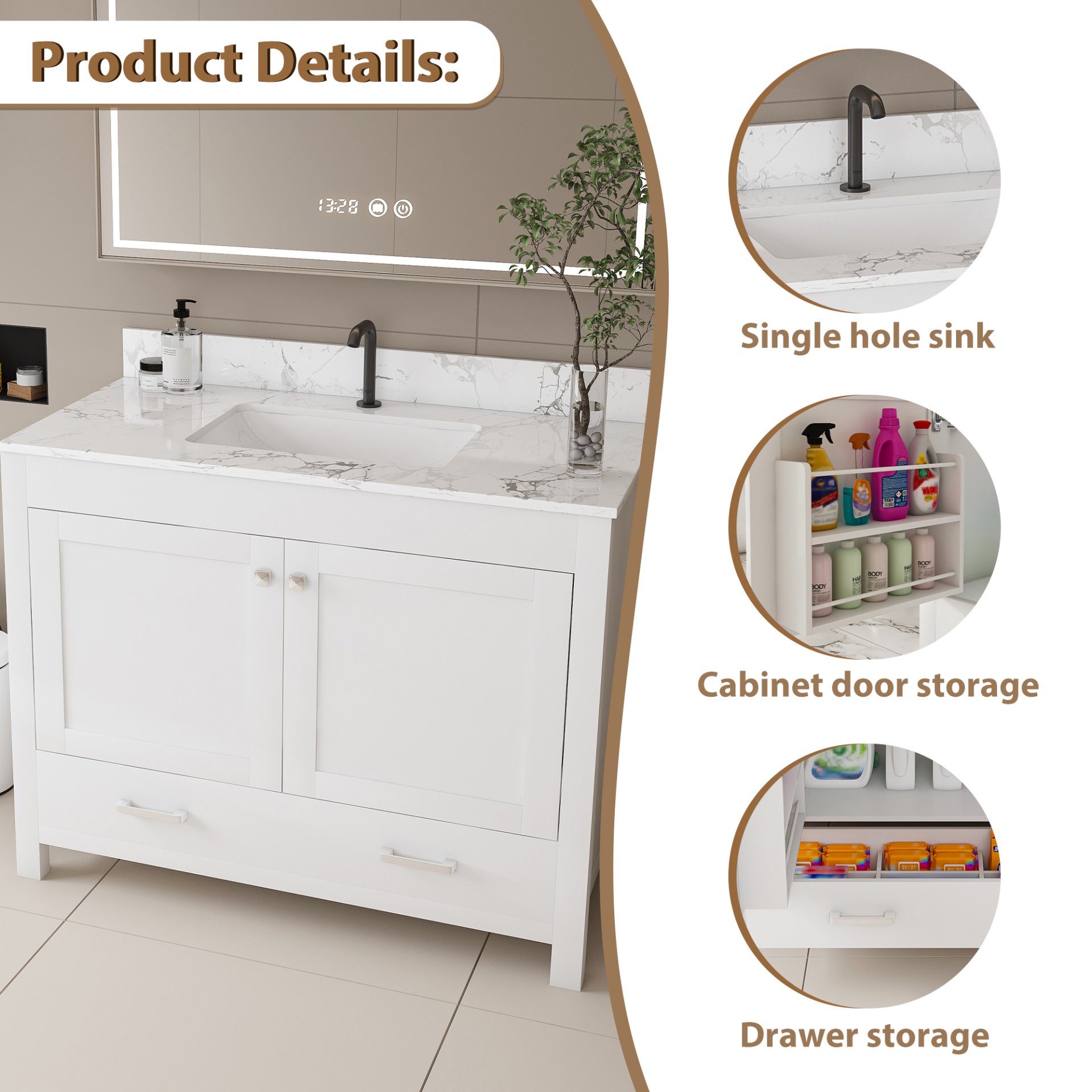 43" Bathroom Vanity With Artificial Marble Carrara Top Set, Multi Functional Cabinet With Doors And Drawer - White - Image 9
