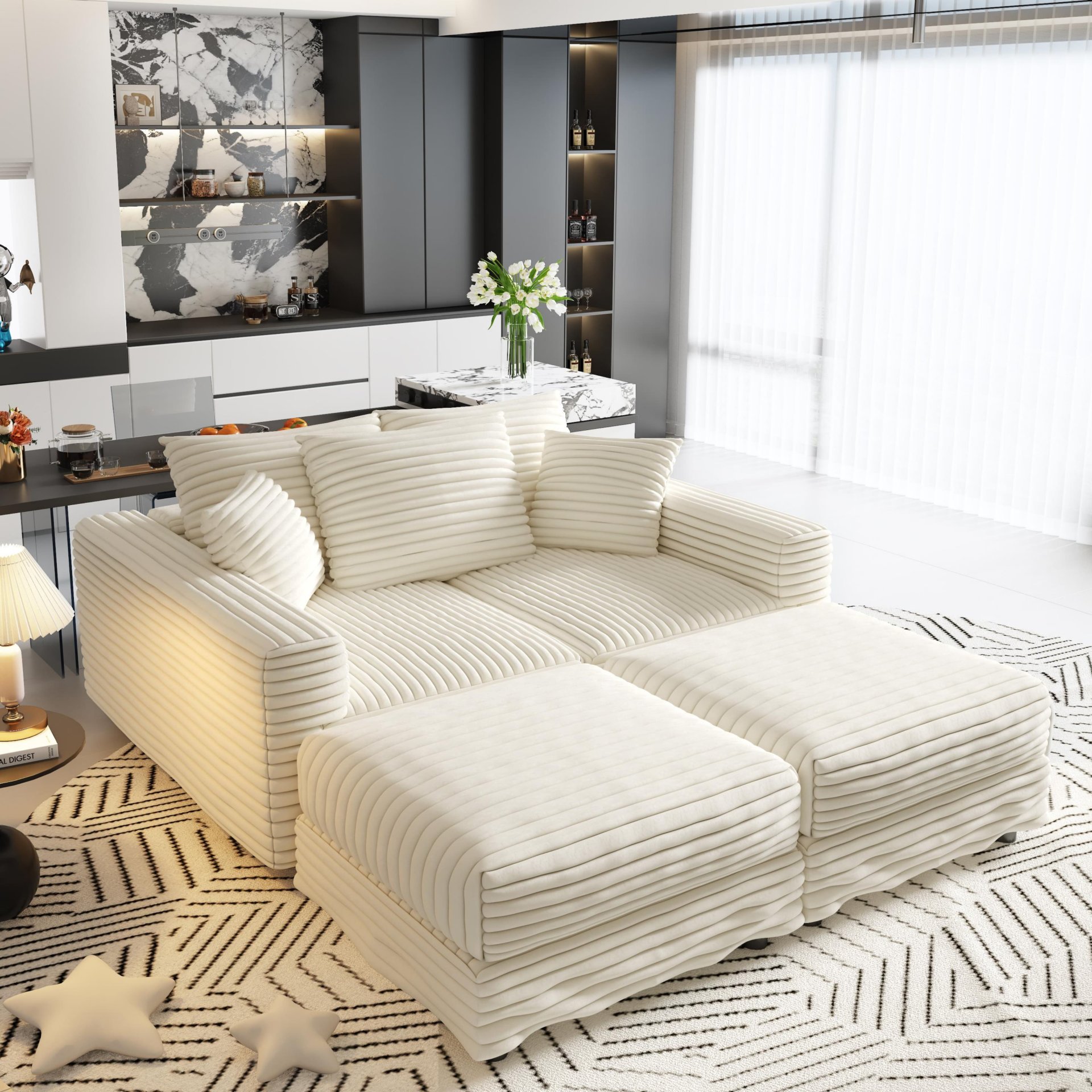 3 Seat Sofa, Deep Seat Couches With Soft Pillows And 2 Ottomans, Convertible Sofa Lounge Chair, For Living Room - Beige - Image 24