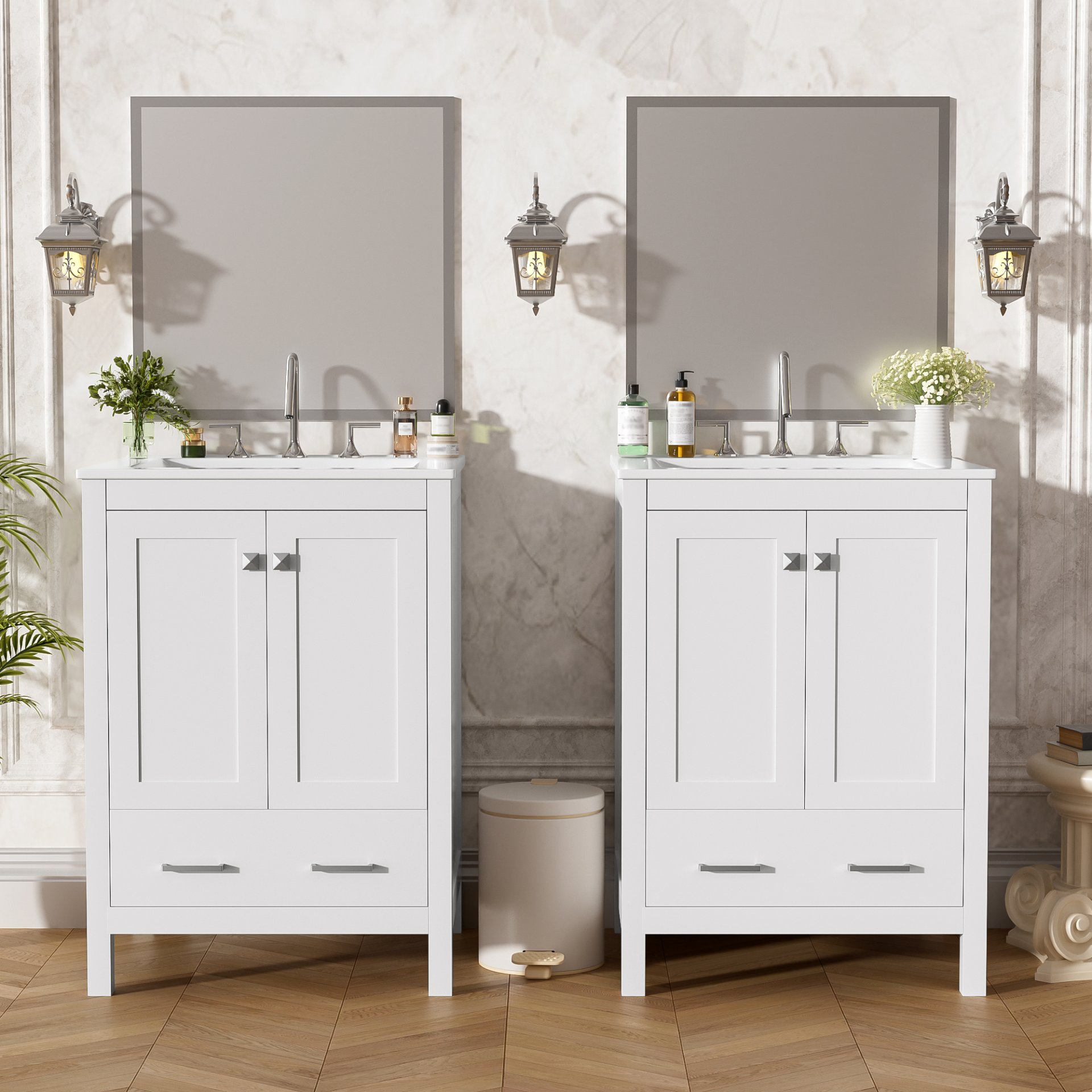 Bathroom Vanity With Integrated Undermount Sinks, Soft Close Doors, Divided Drawer, And Double Layer Shelf - White - Image 4