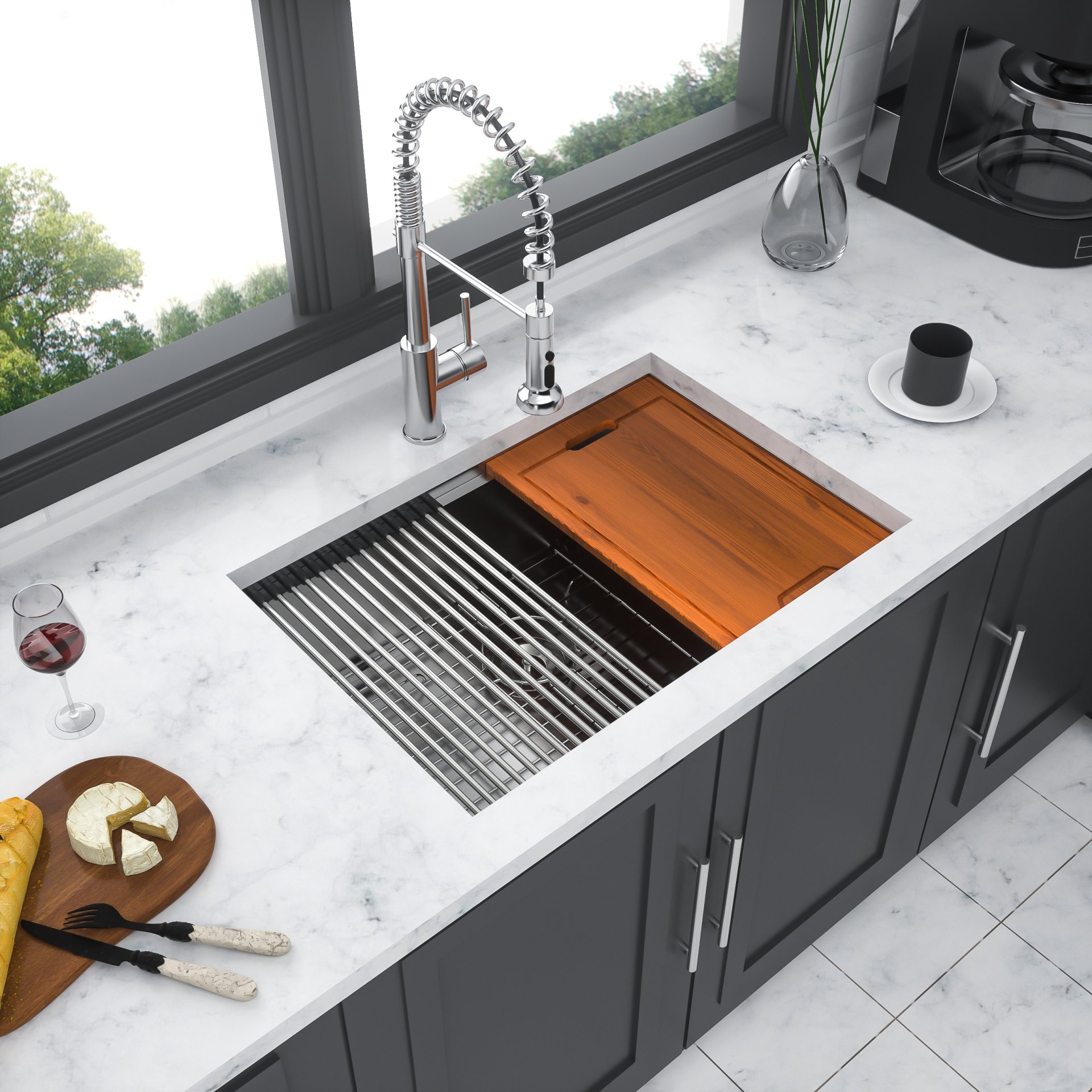 27" X 19" X 10" Undermount Workstation Kitchen Sink With Single Bowl And Accessories, - Brushed Nickel - Image 4