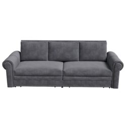 King Pull Out Sofa Bed, Chesterfield Sofa, 3 In 1 Velvet Convertible Sleeper Sofa With Nailhead Trim & Rolled Arm, Multi Functional Sofa Bed For Living Room, Office - Gray