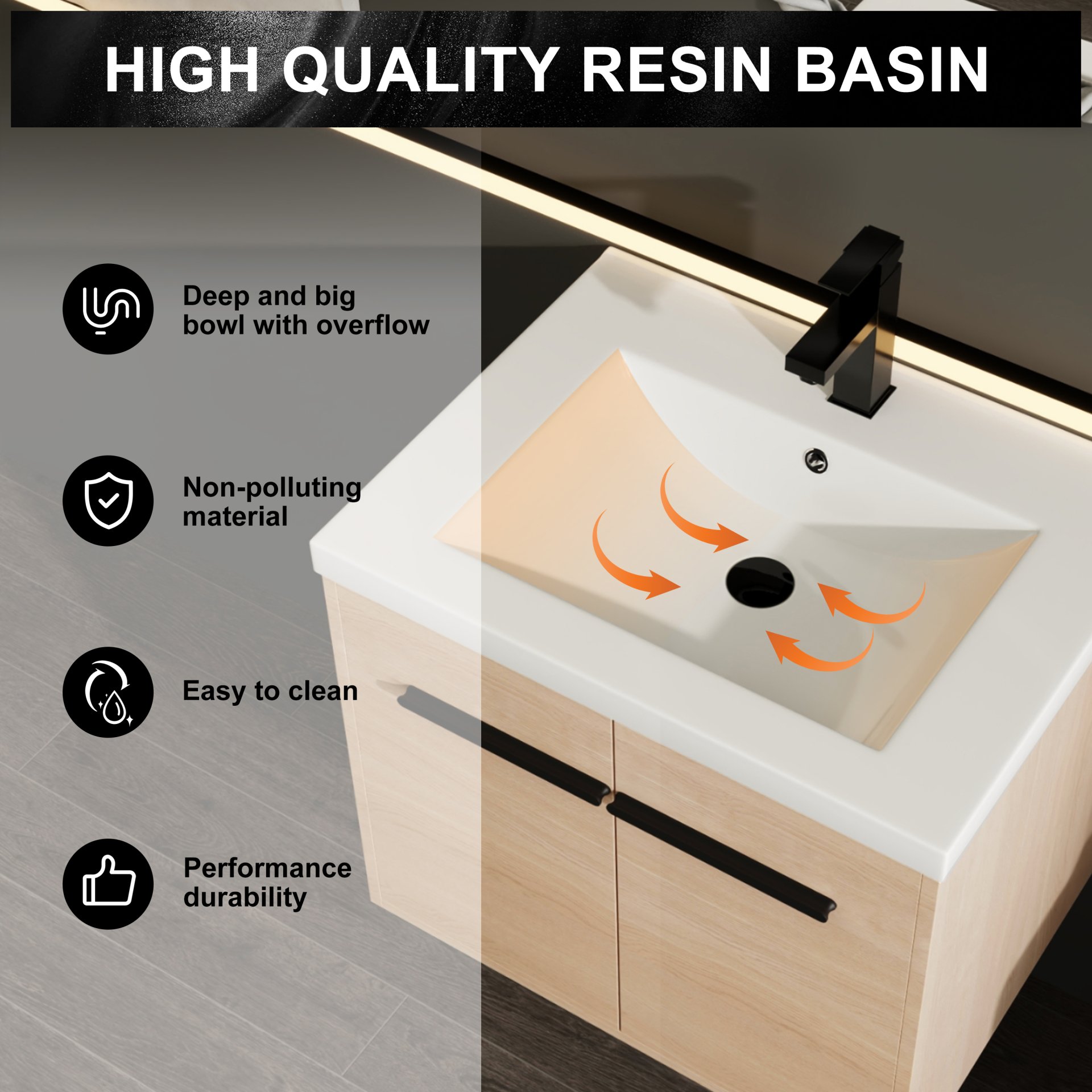 Bathroom Vanity Set With Resin Countertop Sink, 2 Doors - Oak - Image 12