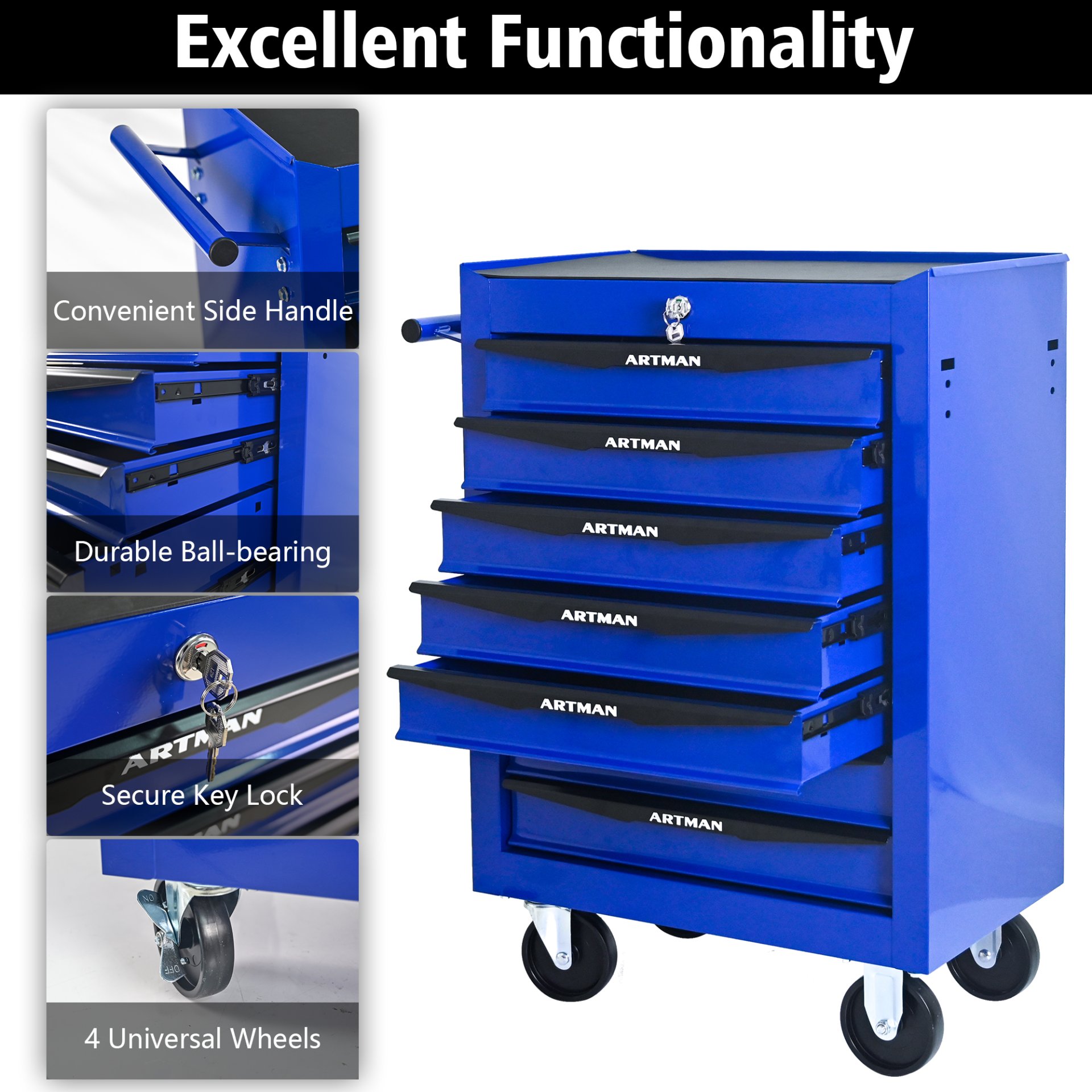 Rolling Metal Tool Chest With 7 Drawers, 20" Steel Storage Cabinet With Ball Bearing Slides - Black / Blue - Image 7