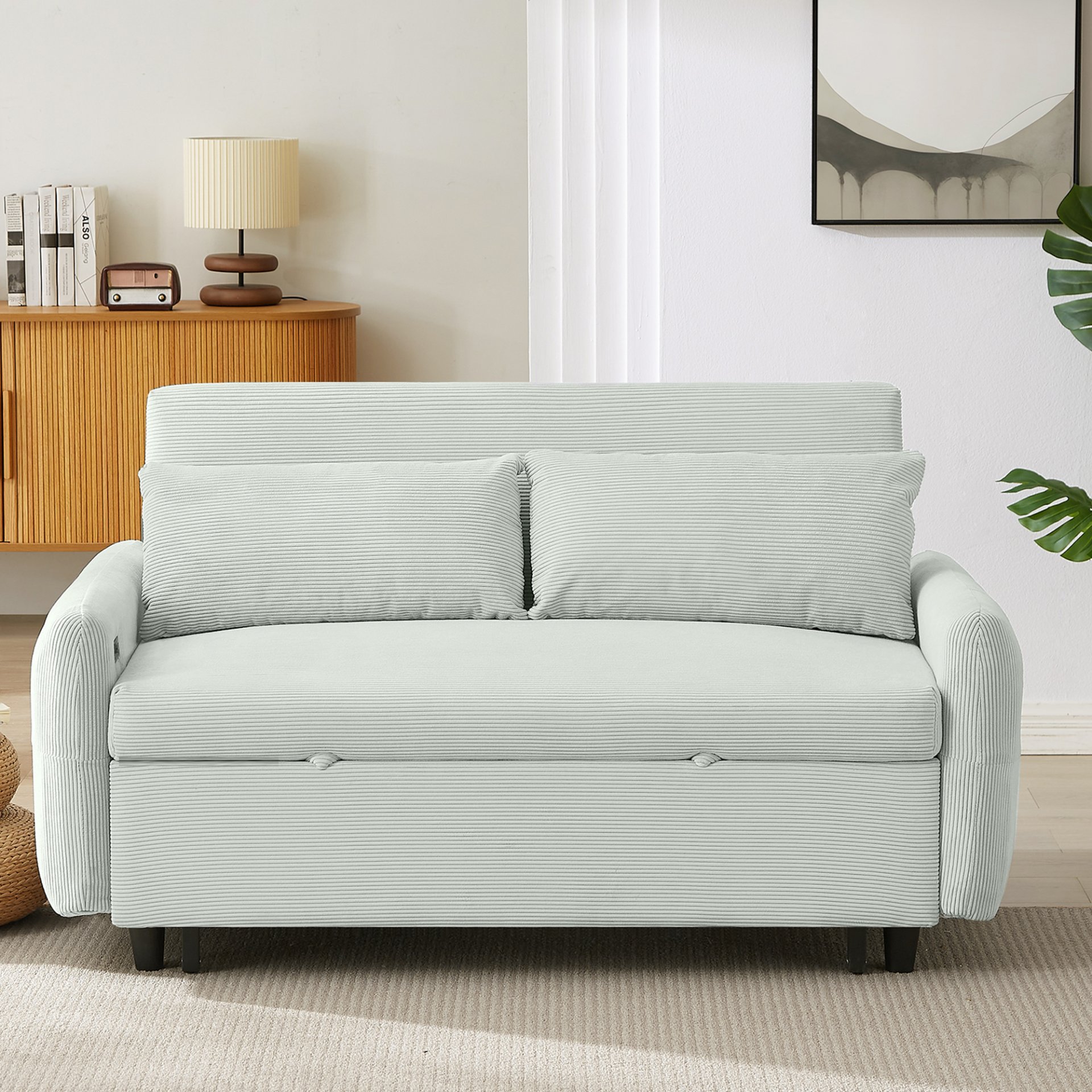 Pull Out Sofa Bed Convertible Couch 2 Seat Loveseat Sofa Modern Sleeper Sofa With 2 Throw Pillows And USB Ports For Living Room - Light Gray Green - Image 10