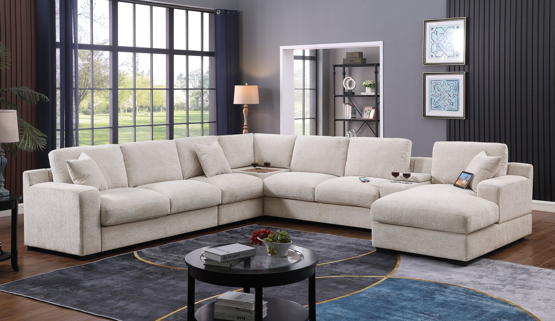 Celine - Chenille Fabric Corner Sectional Sofa With Right Facing Chaise, Cupholders, And Charging Ports - Beige - Image 6