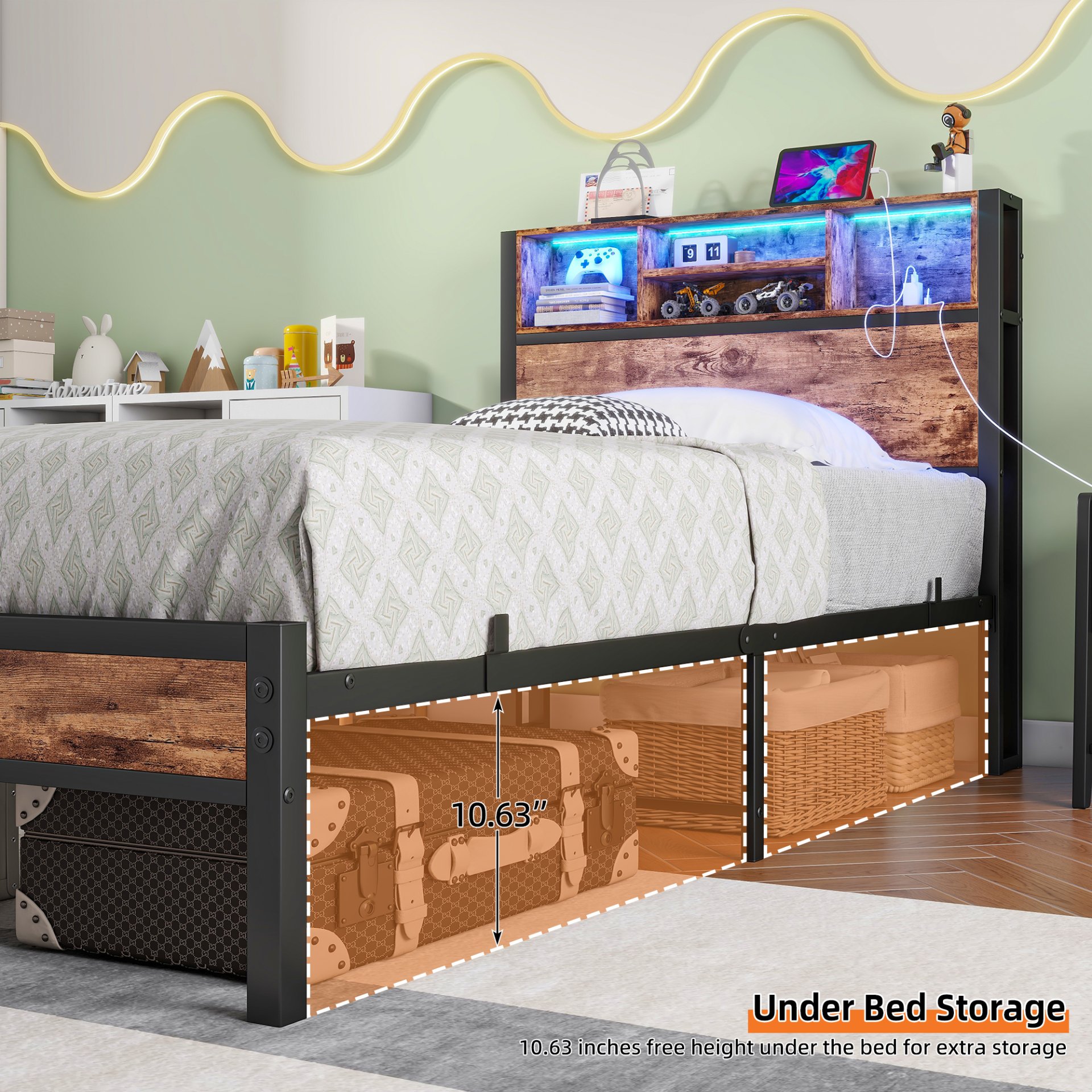 Modern Twin Size Metal Platform Bed Frame With Storage Headboard And Charging Station - Brown - Image 6