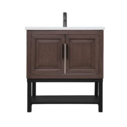 Modern Freestanding Bathroom Vanity With White Ceramic Sink, Hot And Cold Faucet, 2 Door Cabinet & Open Iron Shelf, Magnesium Oxide And Iron Frame - Walnut