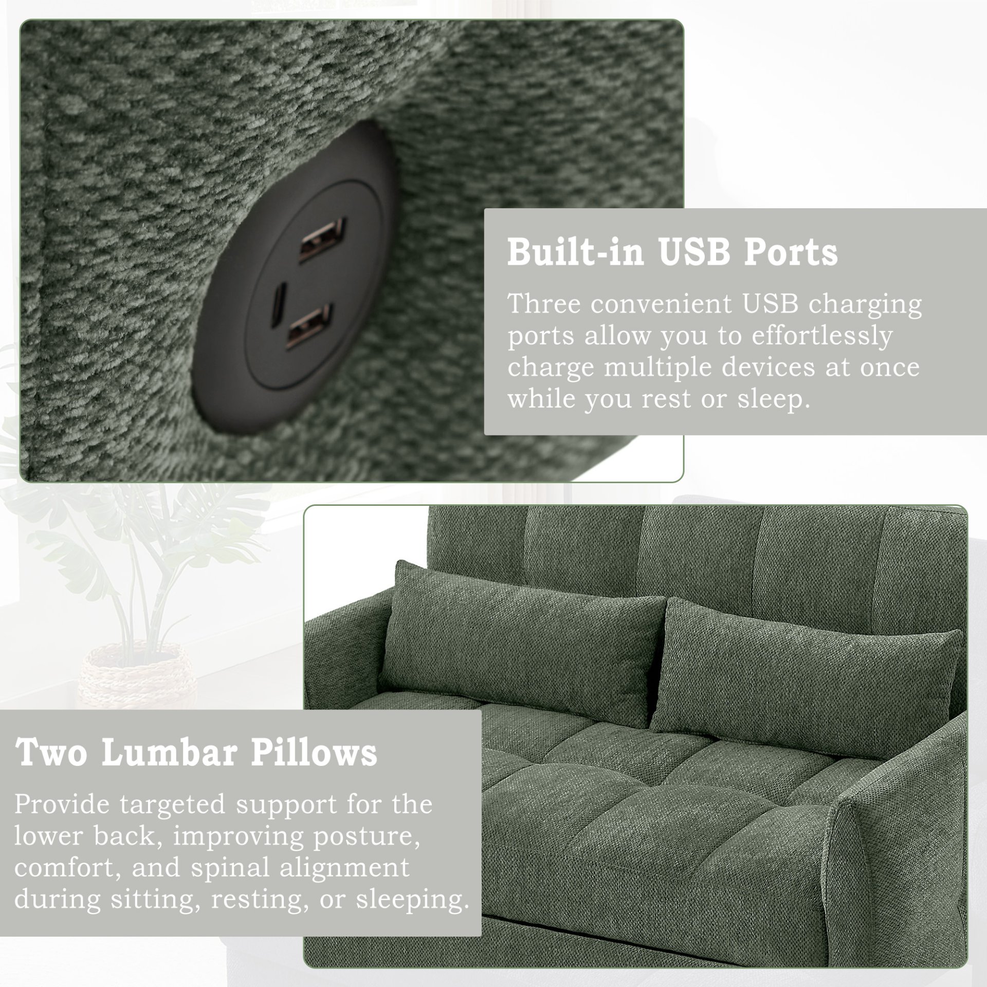Tufted Loveseat Sofa Bed With Adjustable Backrest, 3 USB Ports, And 2 Lumbar Pillows - Green - Image 7