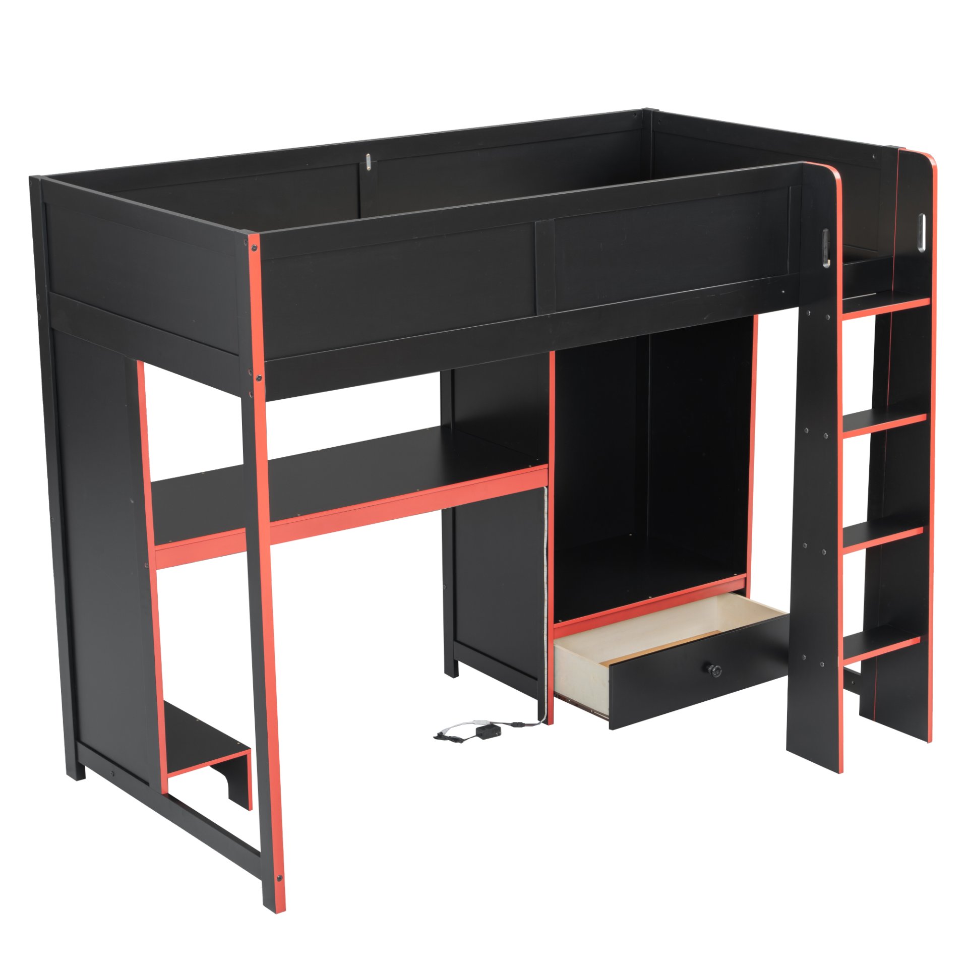 Twin Size Gaming Loft Bed With Built In Desk, Wardrobe, LED Lighting And Drawer - Black - Image 7