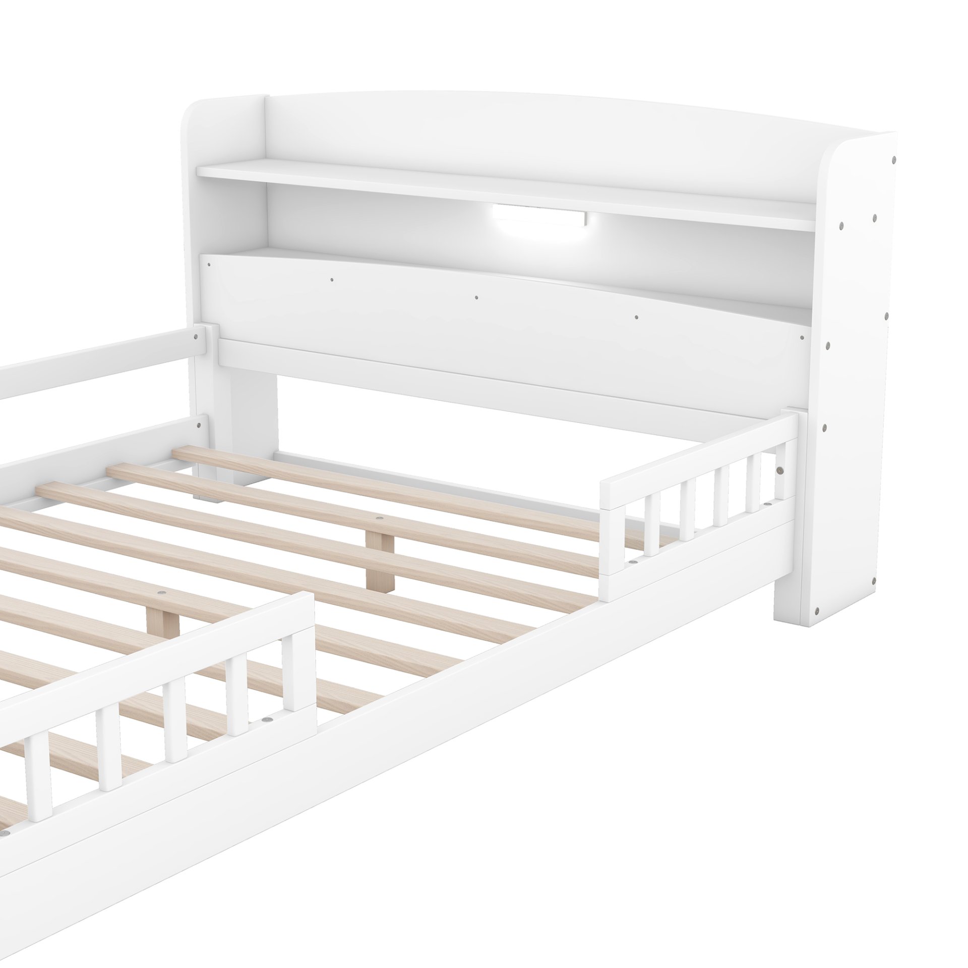 Full Size Platform Bed With LED Light, Storage Headboard And Guardrail - White - Image 11