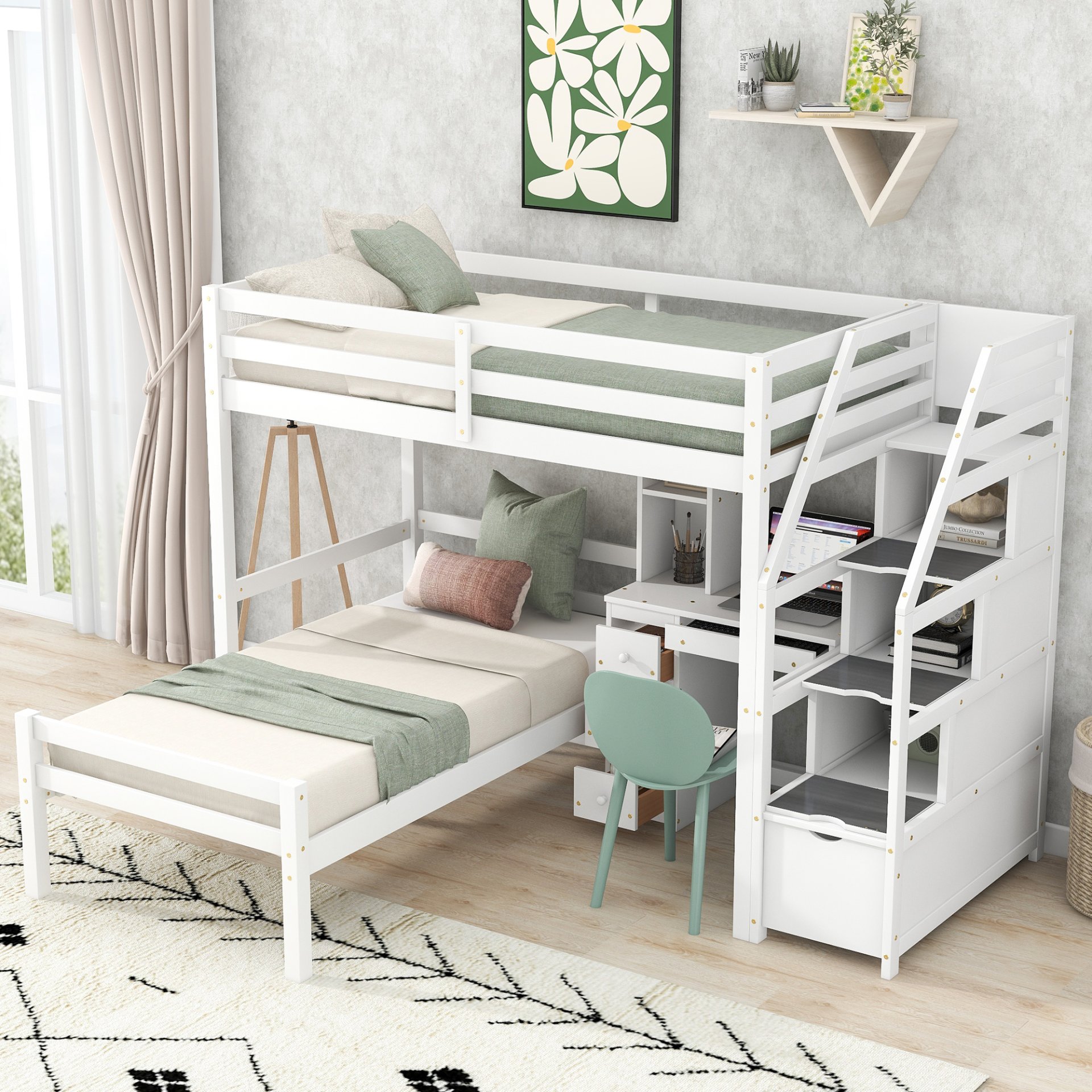 Twin Size Loft Bed With Stand Alone Bed, Storage Staircase, Desk, Shelves, And Drawers - White - Image 2