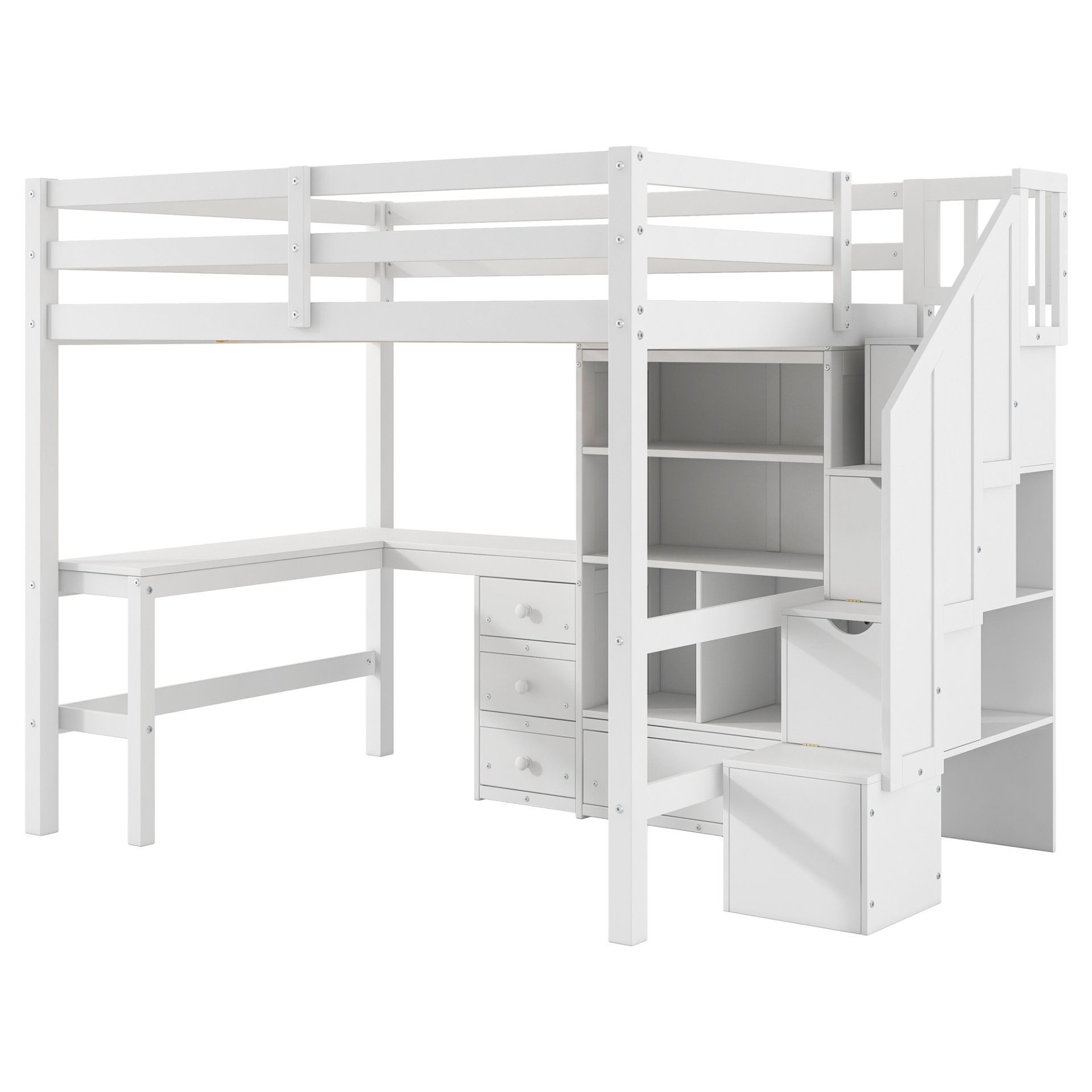 Full Size Loft Bed With L-Shaped Desk, Drawers, Cabinet, And Storage Staircase - White - Image 11