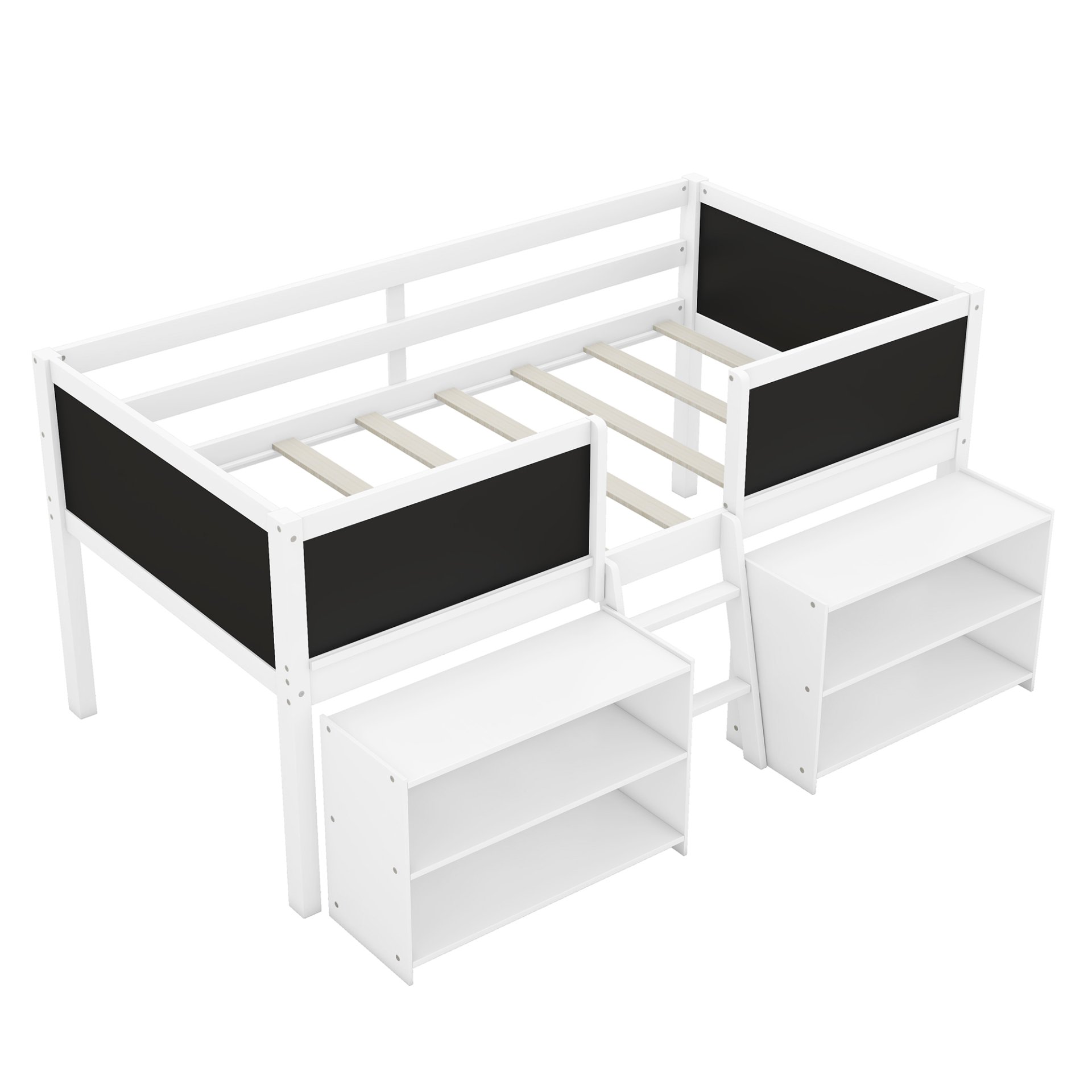 Twin Size Low Loft Bed With Movable Shelves And Ladder, Decorative Chalkboard Guardrail - White - Image 7
