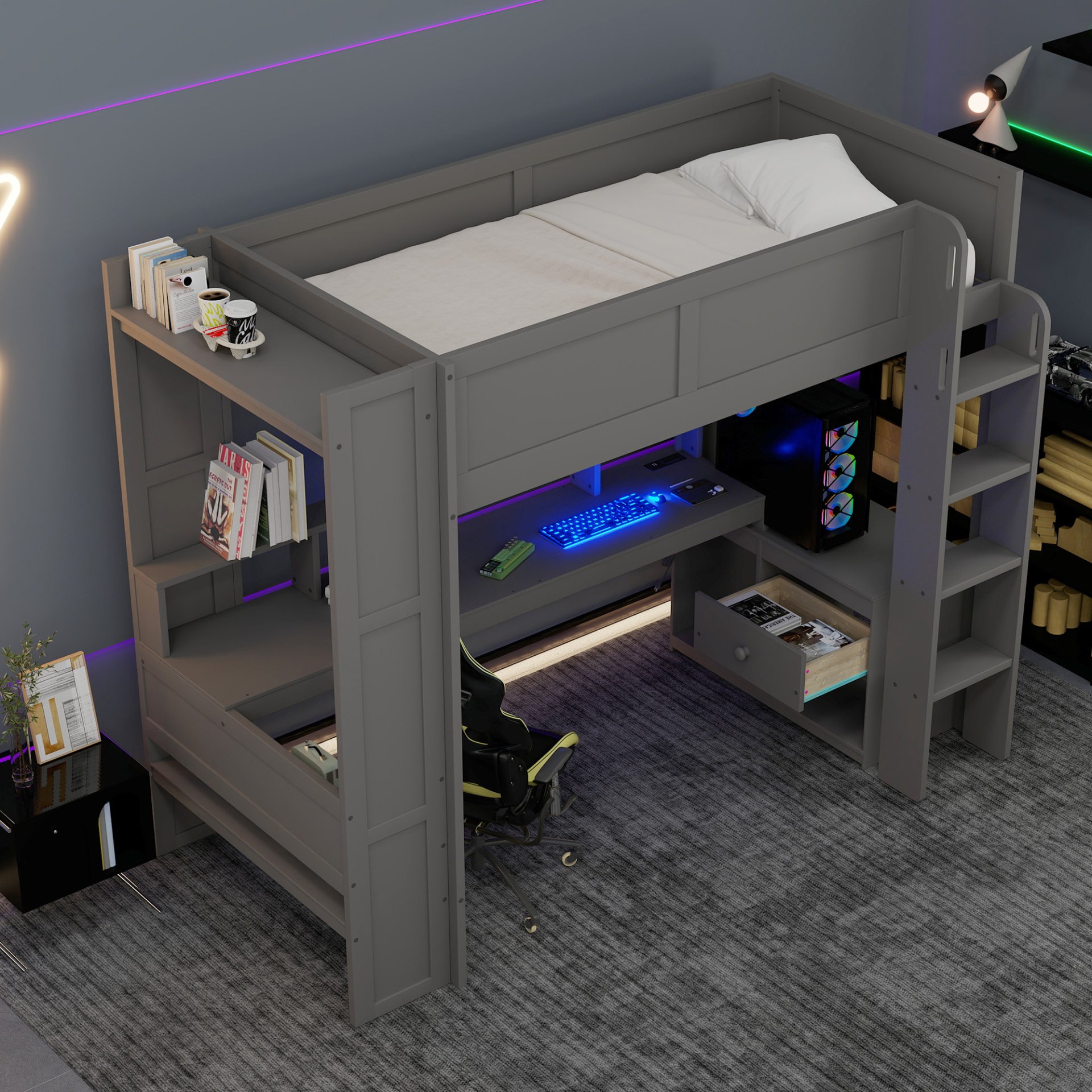 Twin Size Gaming Loft Bed With Desk, Multi Storage Shelves, LED And Charging Station - Dark Gray - Image 6