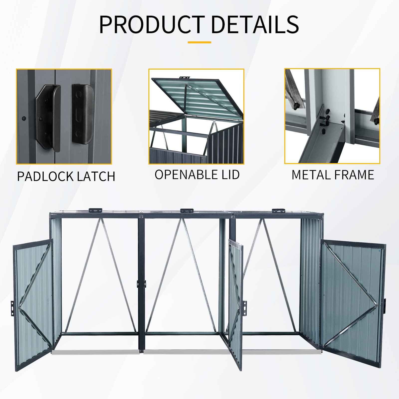 Garbage Bin Shed Stores 3 Trash Cans Metal Outdoor Bin Shed For Garbage Storage, Stainless Galvanized Steel, Bin Shed For Garden Yard Lawn W540S00009 - Charcoal - Image 15