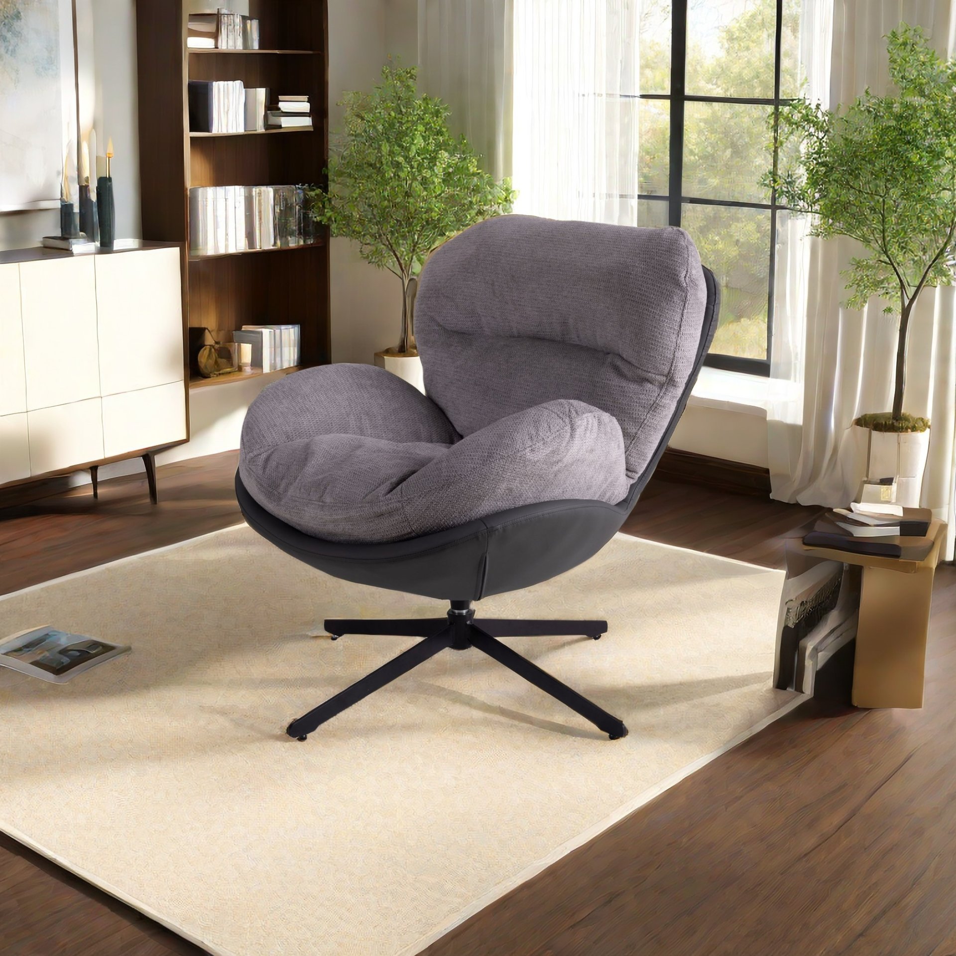 360° Swivel Office Chair, Modern Chenille Chair With And Metal Base Frame, No Wheels, Accent Chair - Gray - Image 11