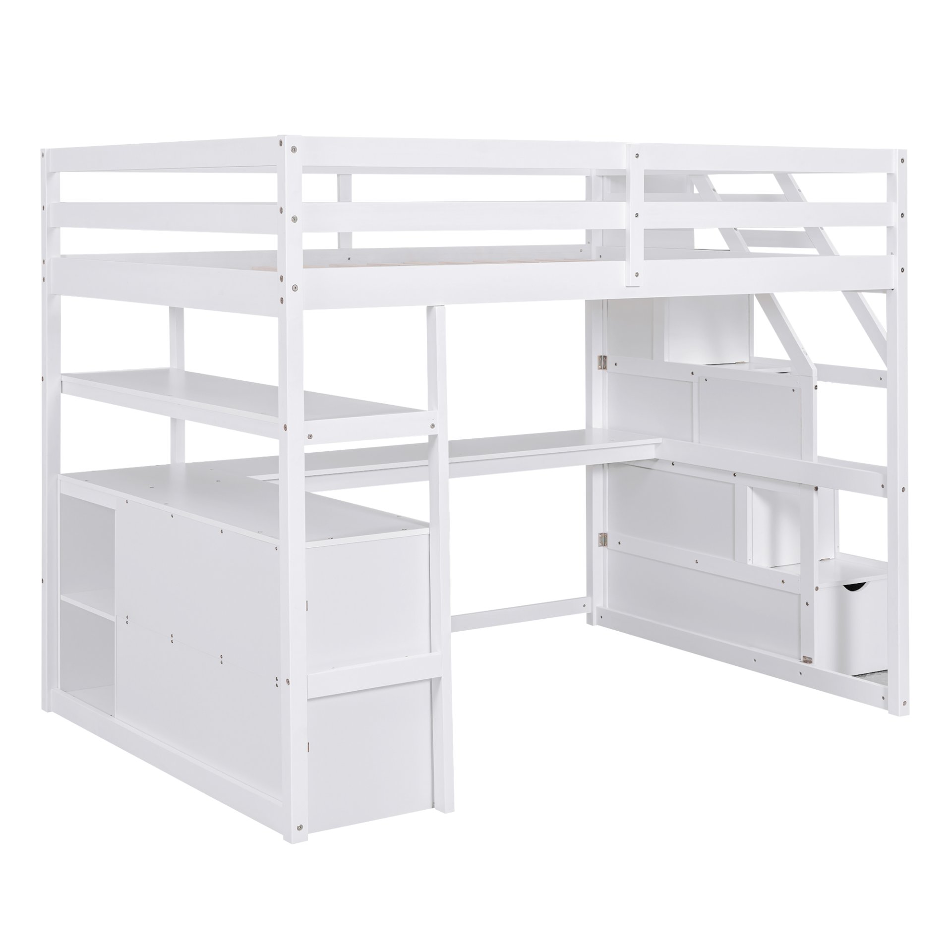 Full Size Loft Bed With Desk, Shelves, 2 Drawers, Storage Staircase - White - Image 10