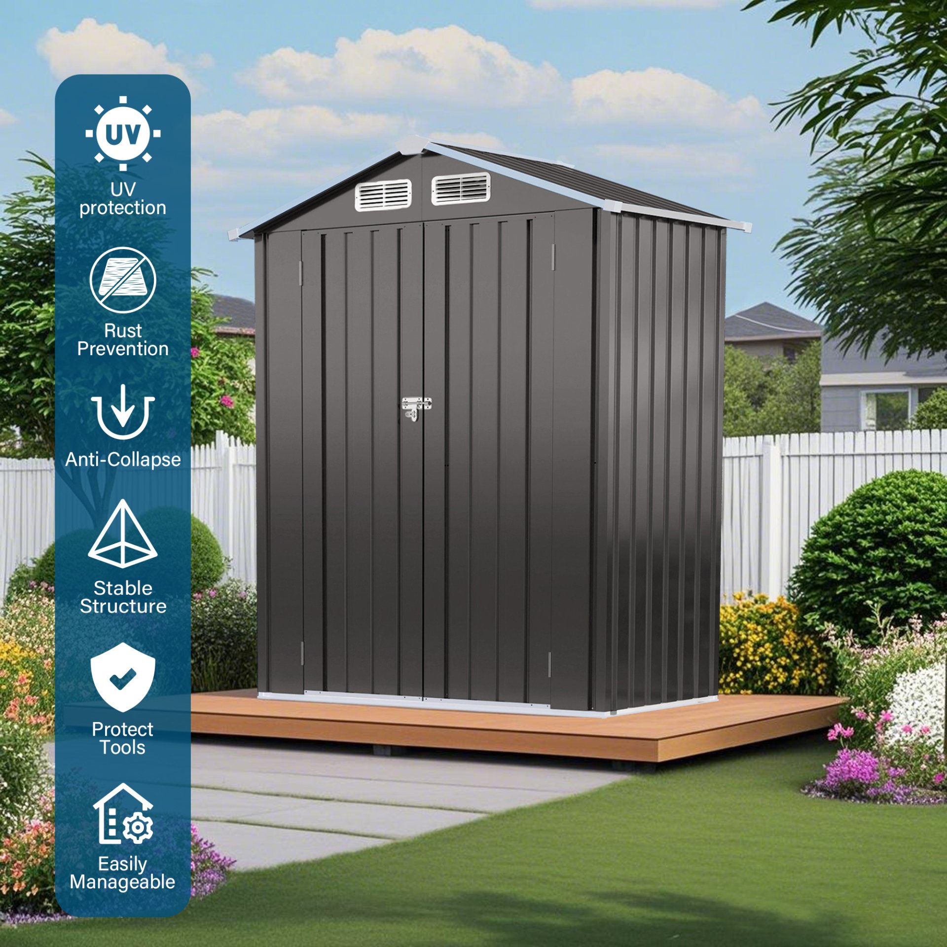 5 X 3 Ft Compact Metal Outdoor Storage Shed With Pitched Roof, Lockable Door - Gray - Image 7