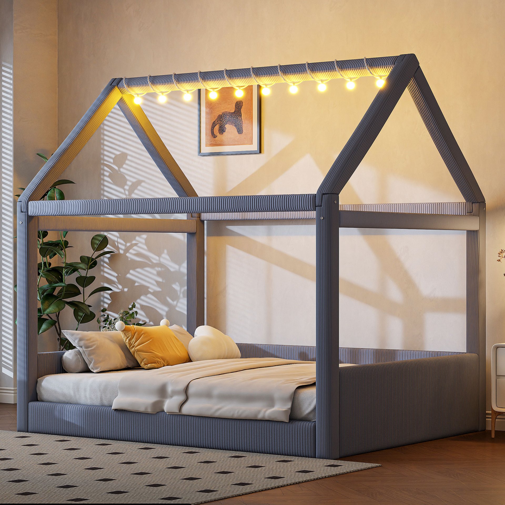 Full Size Upholstered House Style Daybed With LED Light Strips - Grey - Image 2